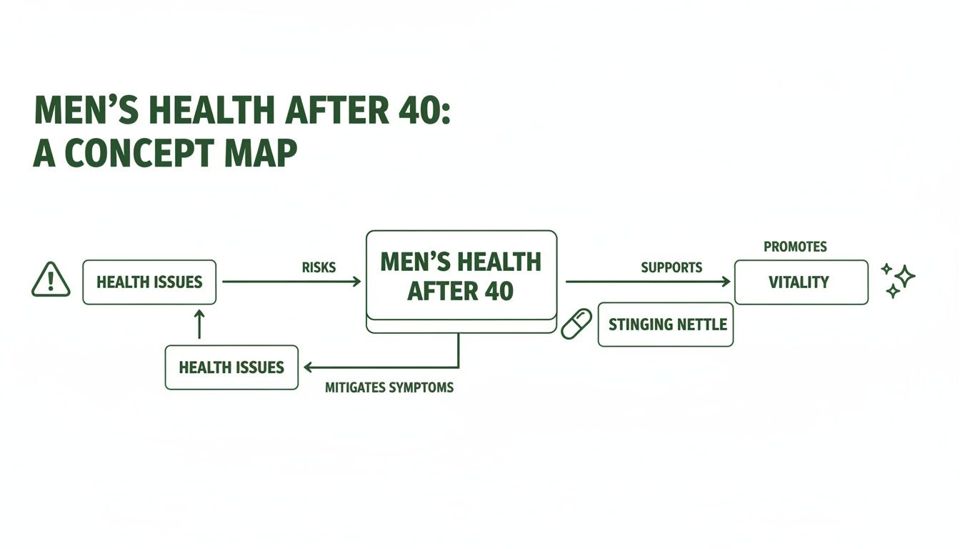 Concept map showing Men's Health After 40, associated health issues, and support from Stinging Nettle for vitality.