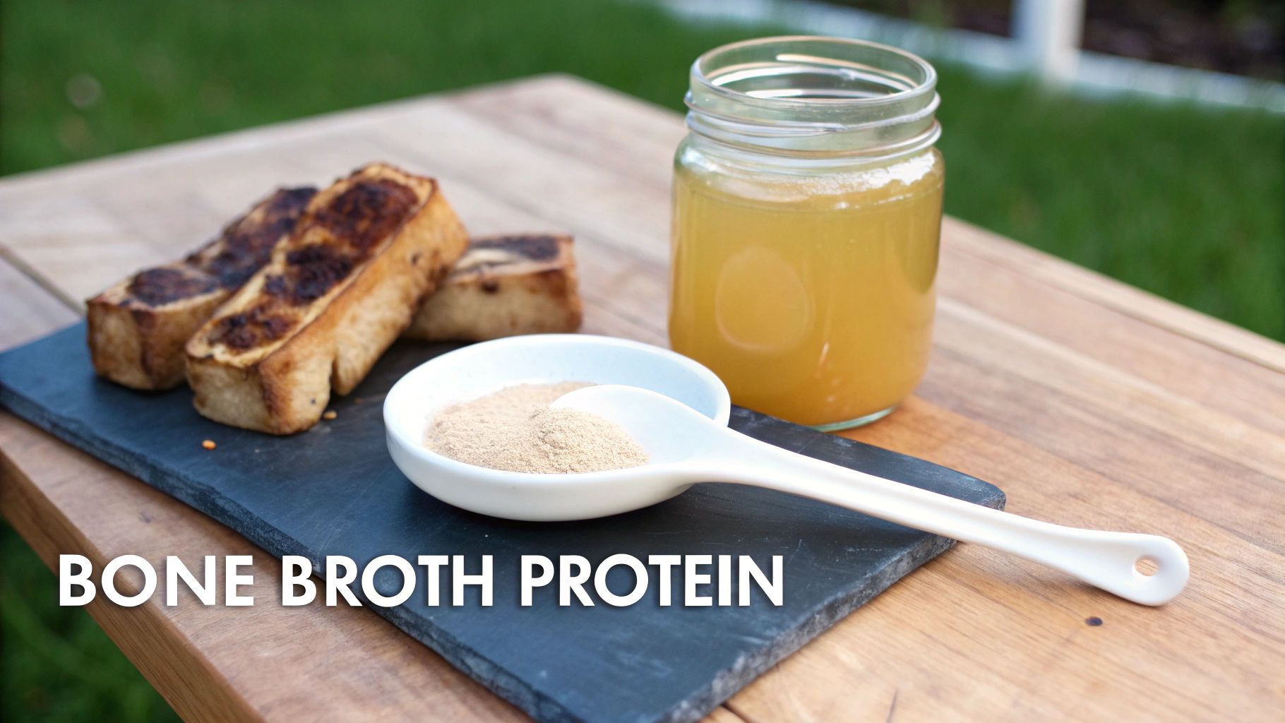 A bowl of warm bone broth next to a container of bone broth protein powder, illustrating the connection between the traditional liquid and its modern, concentrated form.