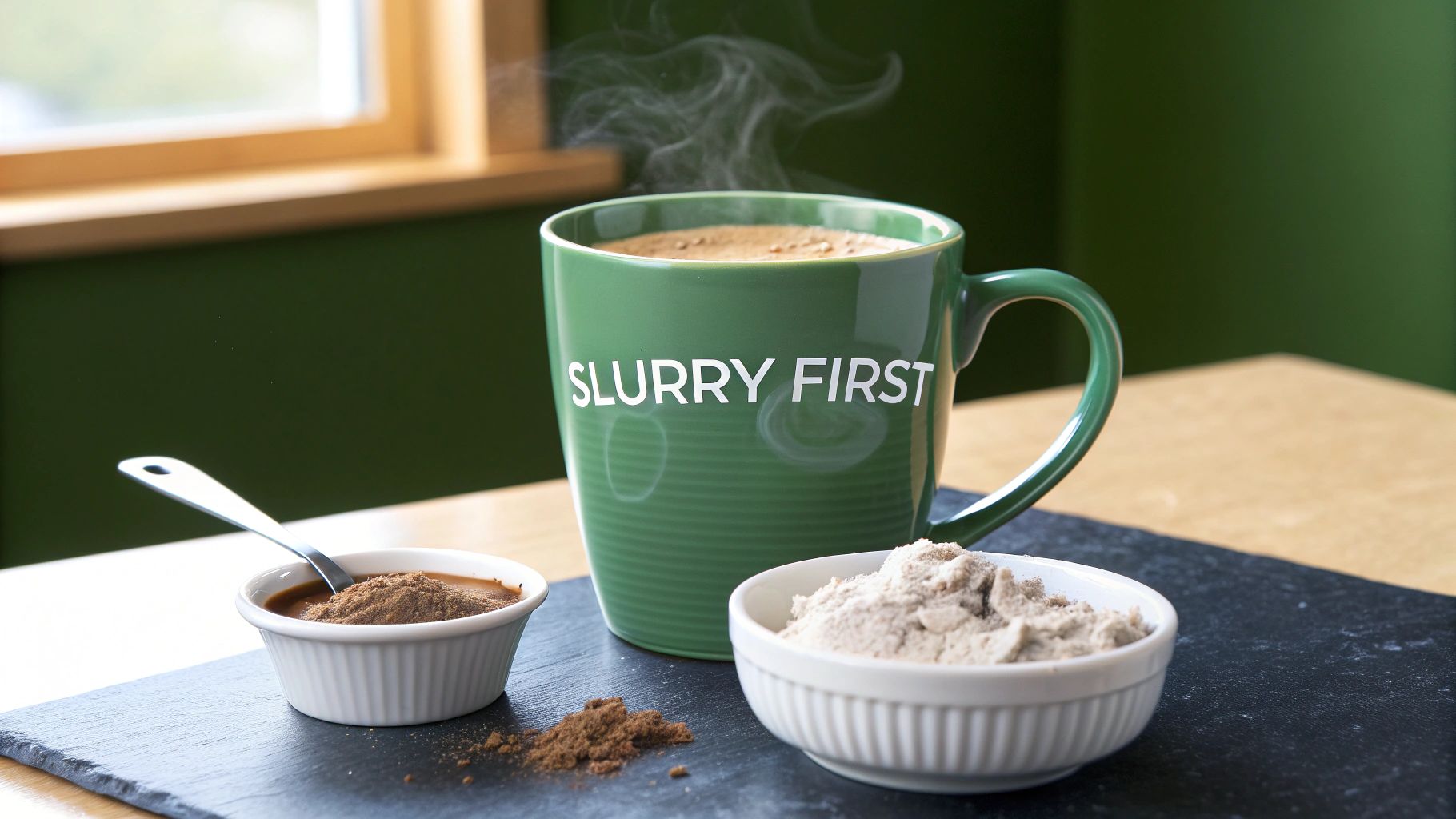 A person mixing protein powder into a cup of coffee