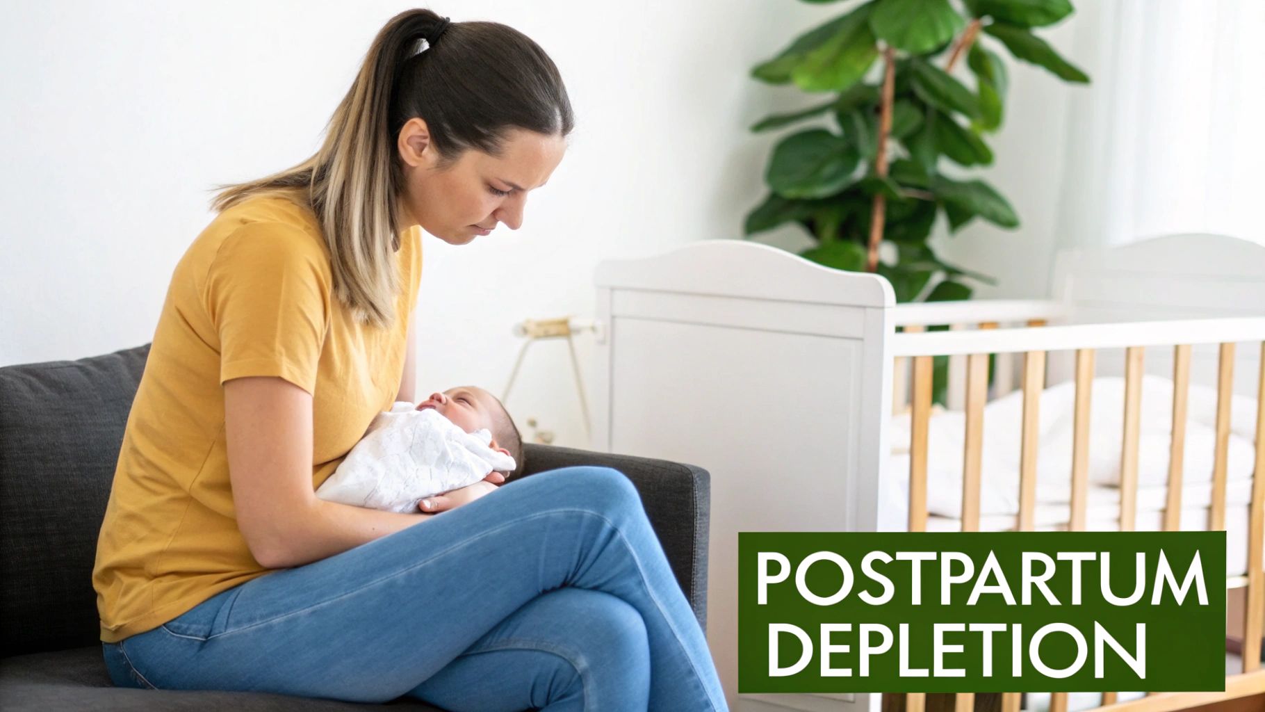 A tired new mother in a yellow shirt holds her baby, looking down with concern, representing postpartum depletion.