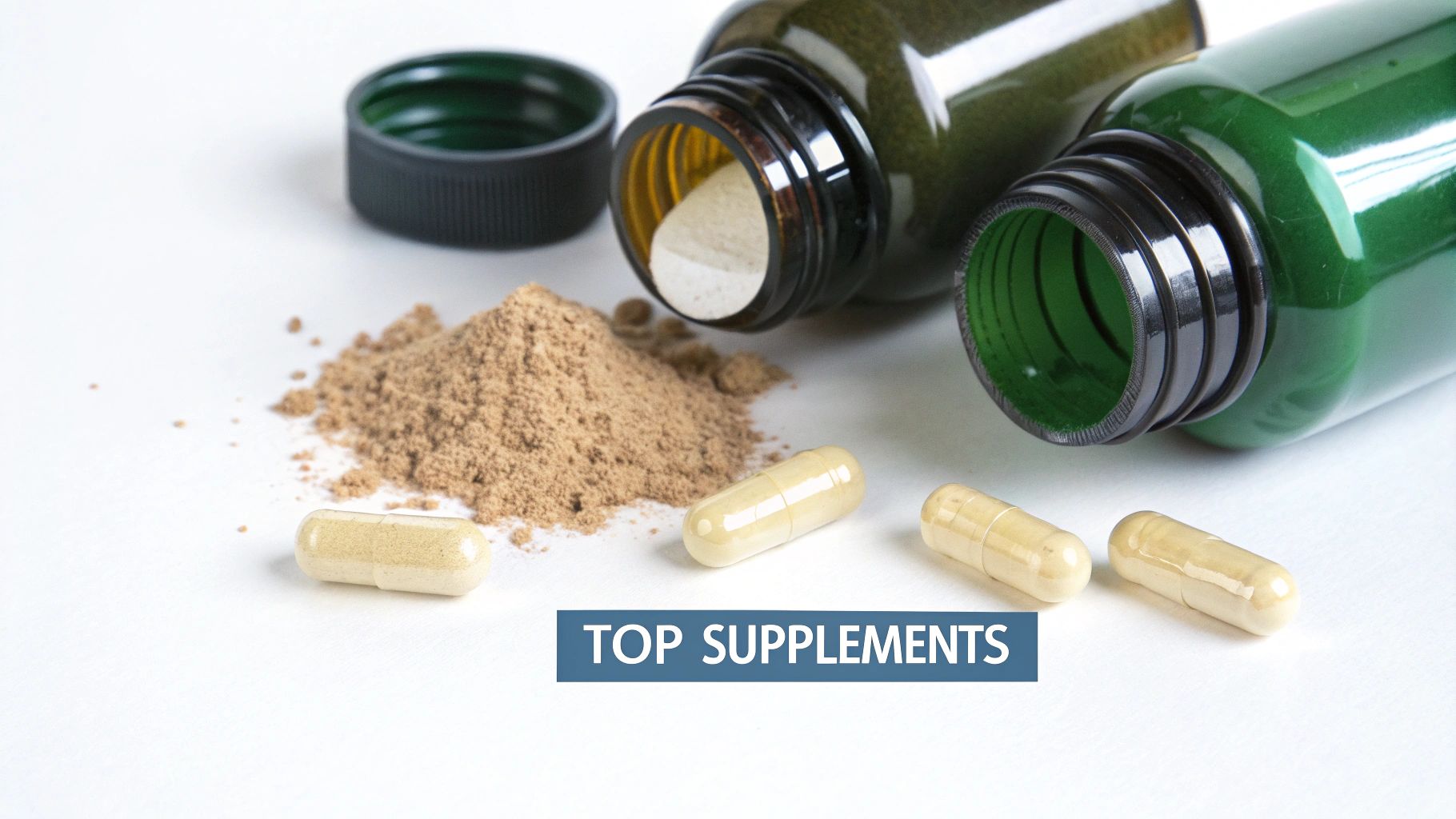 An assortment of health supplements, including brown powder, capsules, and two green supplement bottles, on a white background.