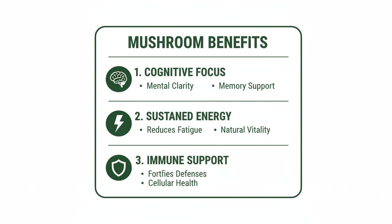 An infographic detailing three mushroom benefits: cognitive focus, sustained energy, and immune support.