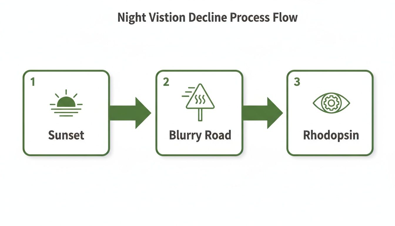 A process flow diagram illustrating the decline of night vision, showing steps from sunset to blurry road and rhodopsin.