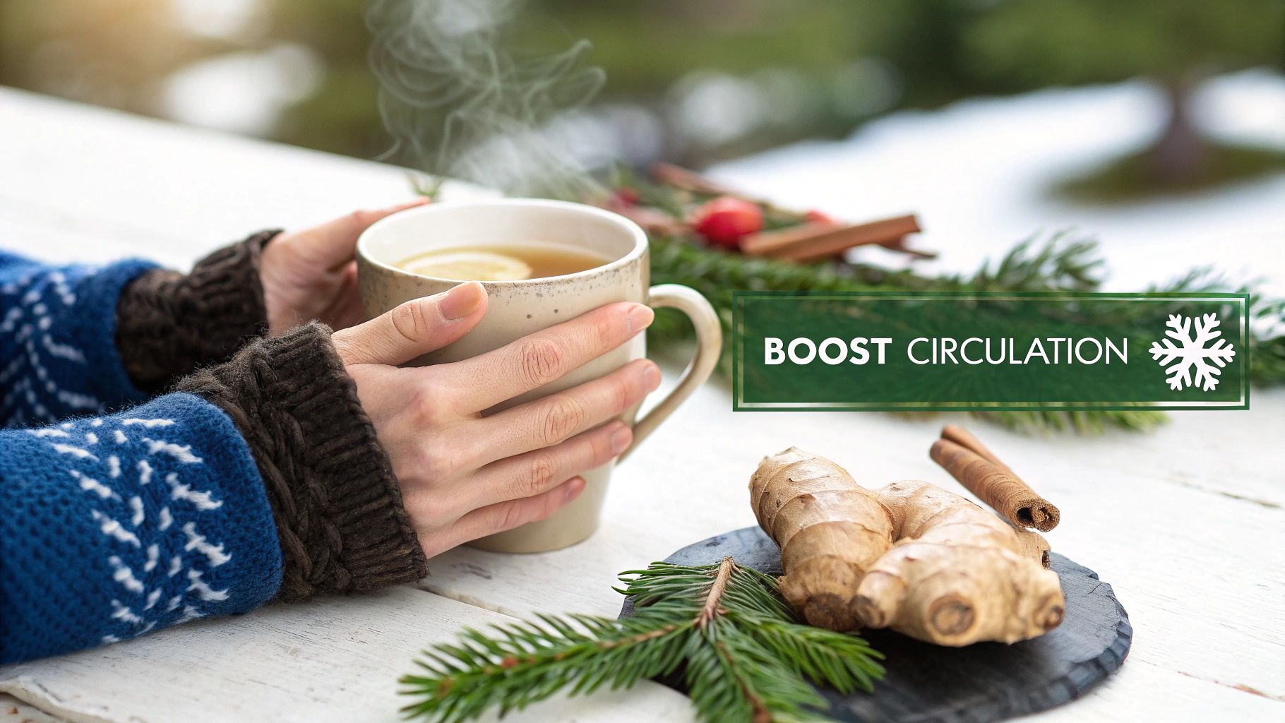 A person holds a steaming mug of ginger tea, with ginger root and cinnamon nearby in winter.