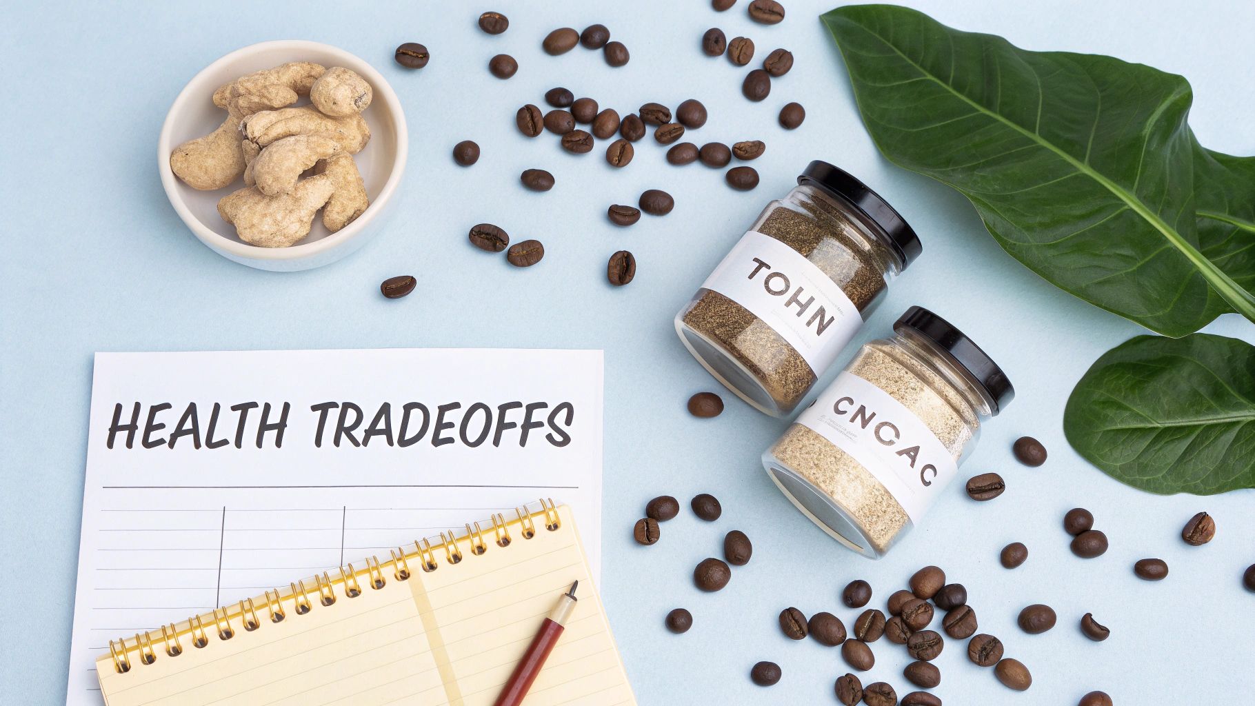 A balanced scale with coffee beans on one side and functional mushrooms on the other, representing the health trade-offs.