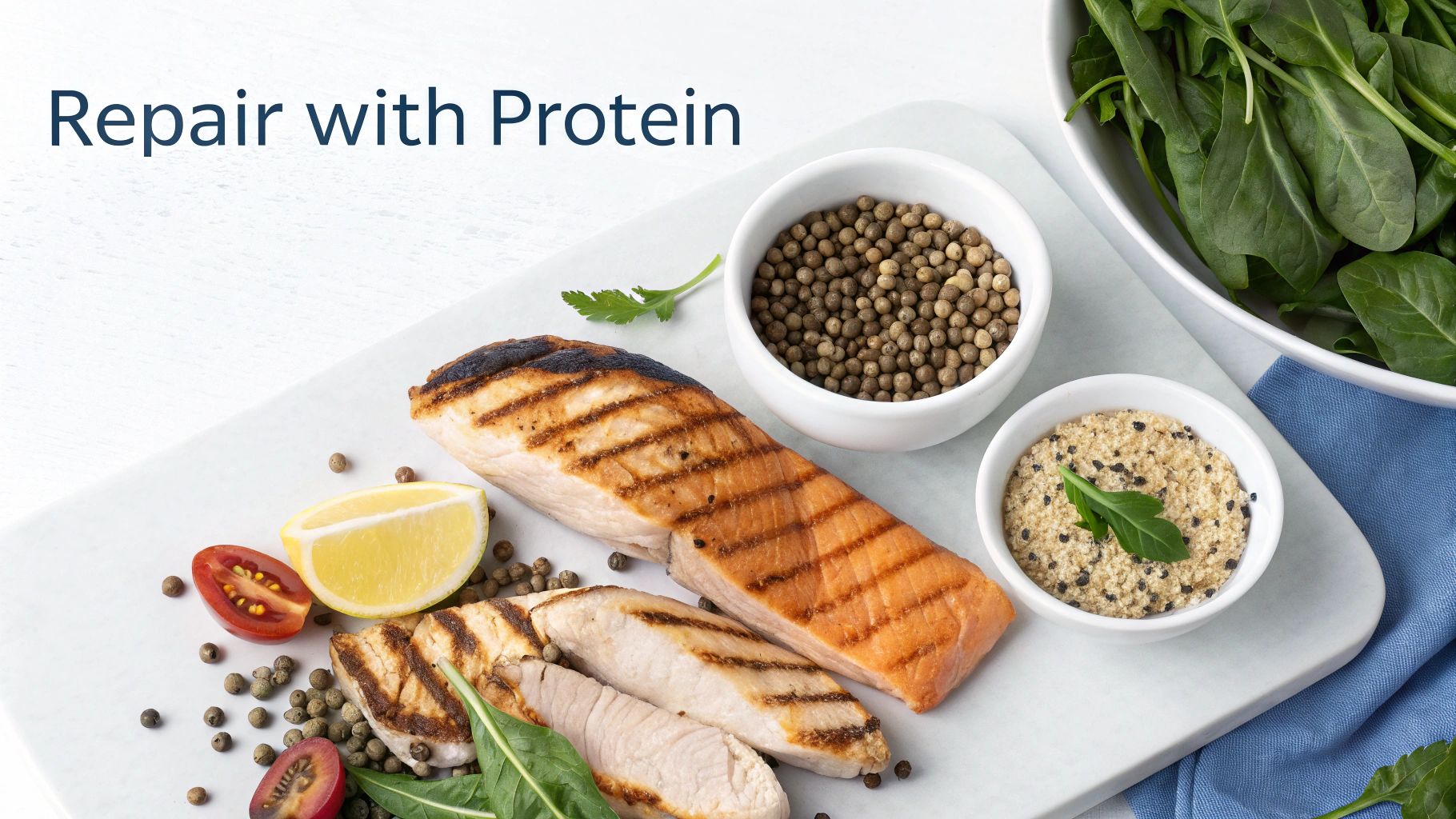 A healthy meal featuring grilled salmon, chicken, quinoa, and fresh greens for muscle recovery.