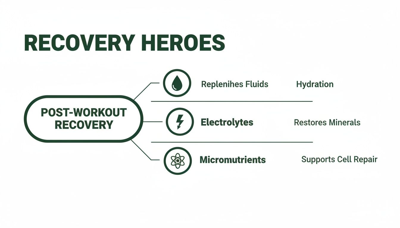 Diagram illustrating post-workout recovery essentials: fluids for hydration, electrolytes to restore minerals, and micronutrients for cell repair.