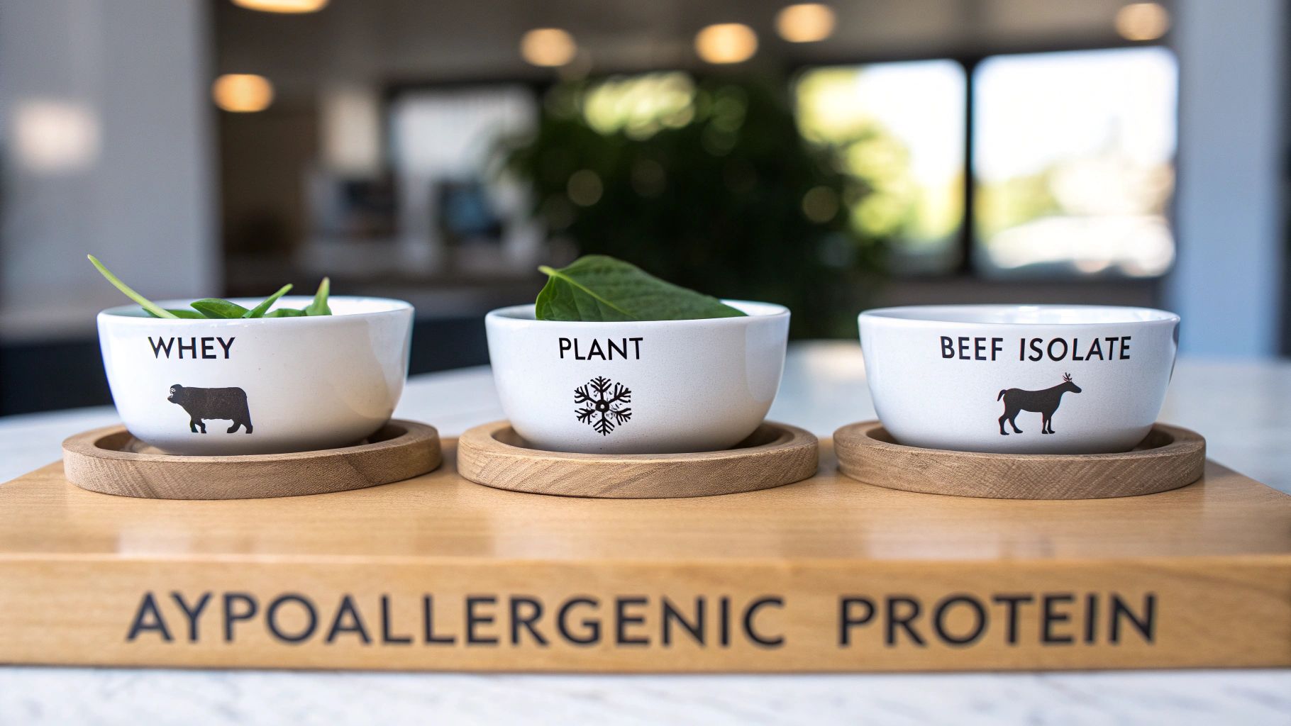 Three white bowls displaying whey, plant, and beef isolate hypoallergenic protein powder options on wooden base