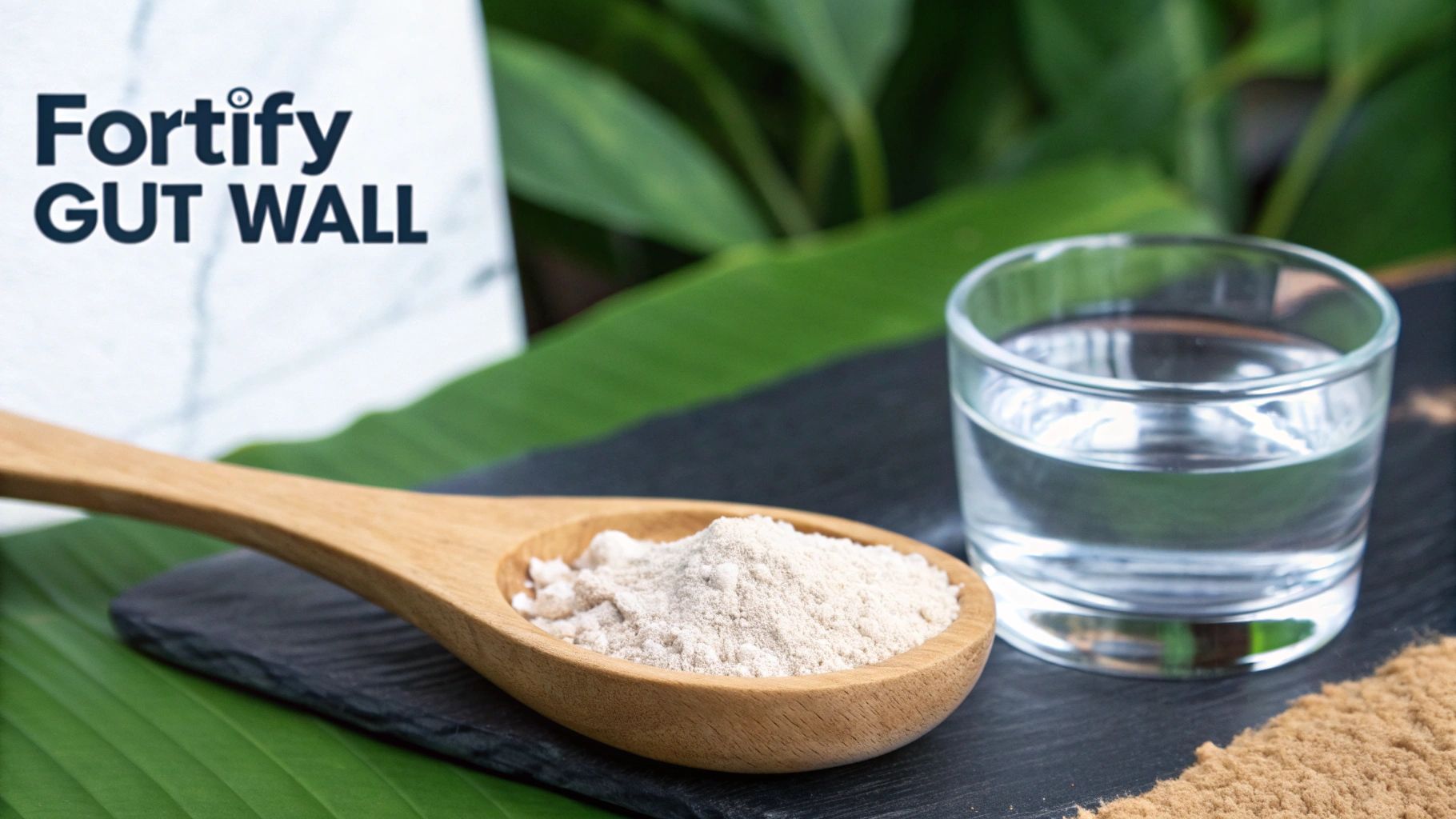 A wooden spoon holds white acacia powder next to a glass of water, promoting gut health.