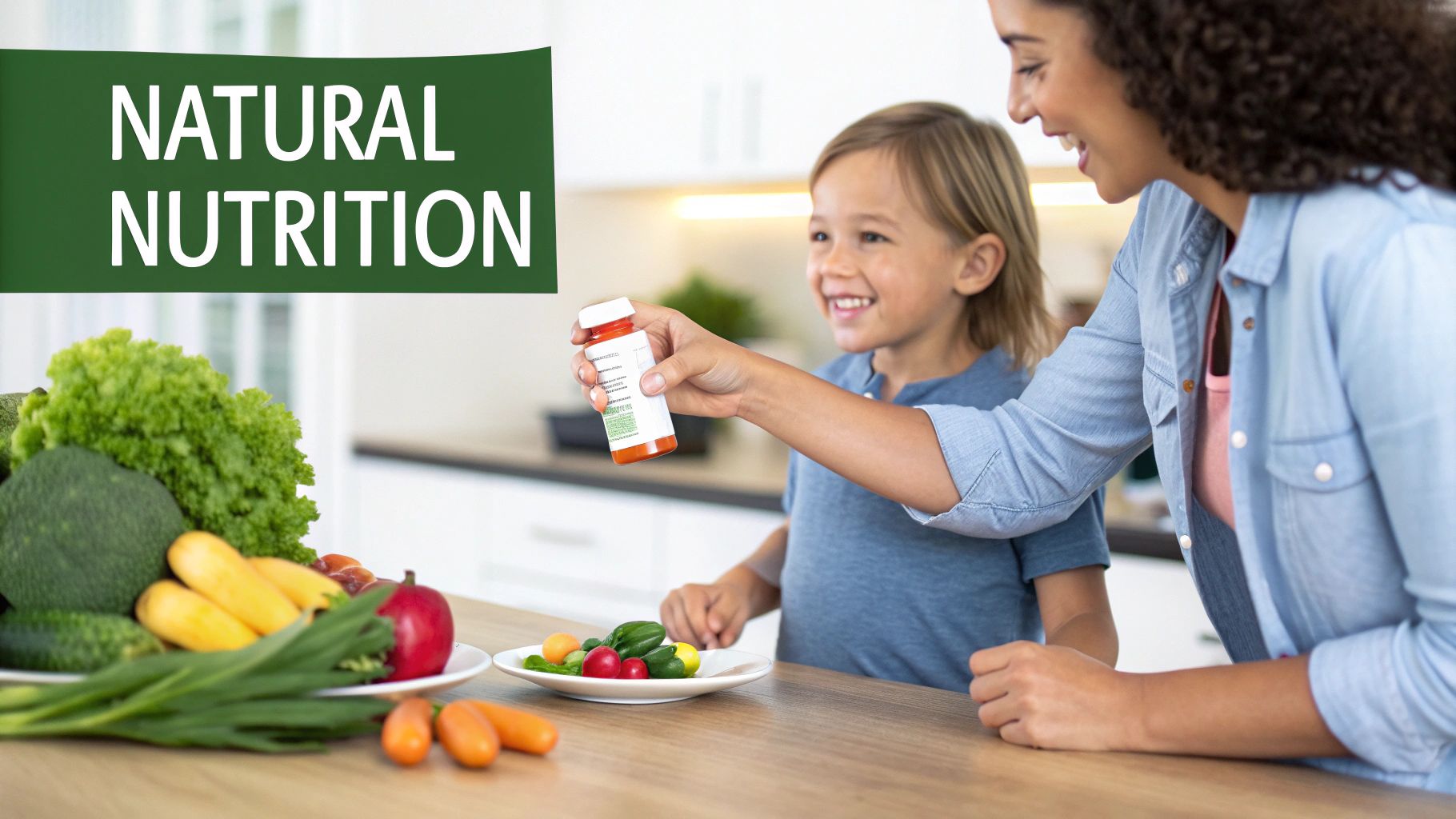 A smiling woman offers a vitamin bottle to a happy child, surrounded by fresh produce and a 'NATURAL NUTRITION' banner.