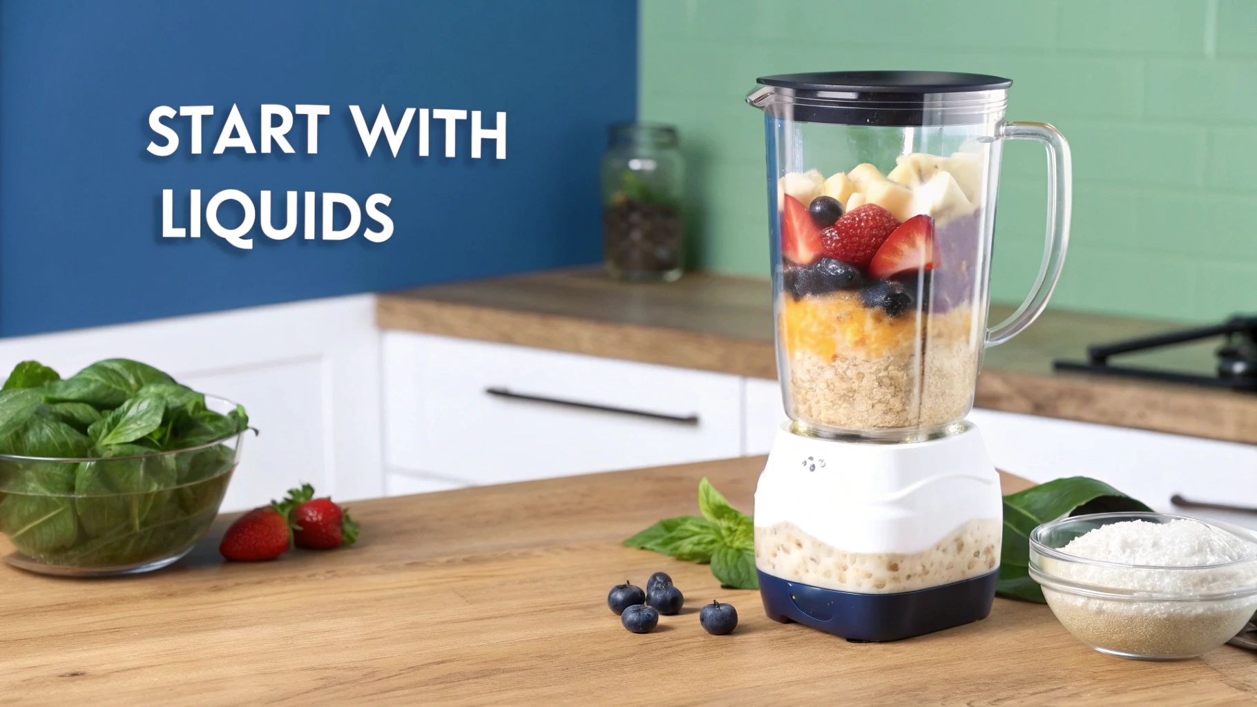 A blender filled with fruit and other ingredients for a protein shake.