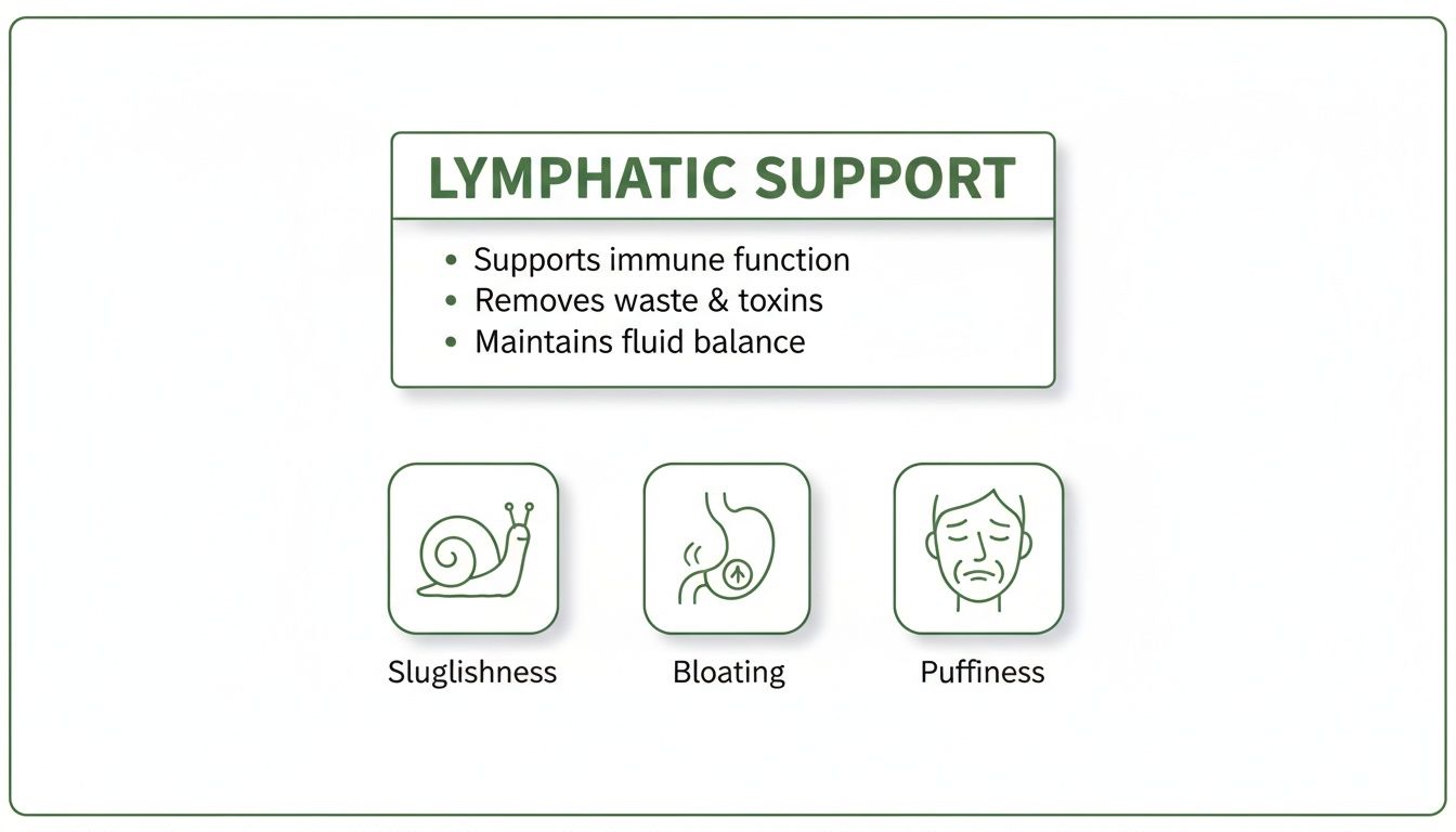 Diagram showing lymphatic support benefits like immune function, waste removal, and fluid balance, and symptoms like sluggishness, bloating, and puffiness.