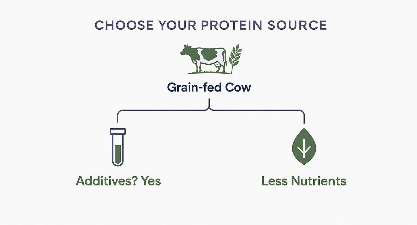 An infographic diagram illustrating that grain-fed cow protein sources result in additives and fewer nutrients.