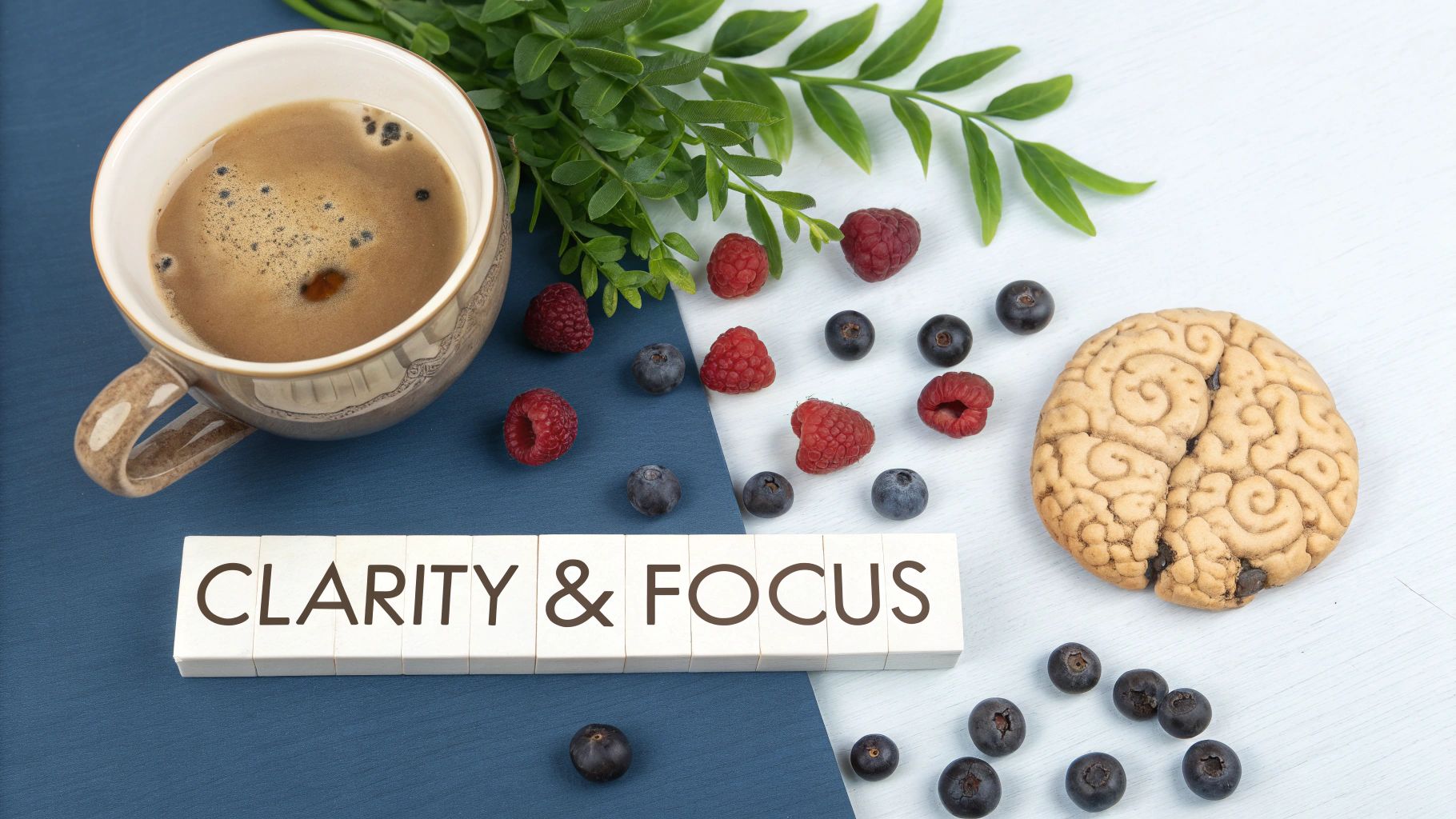 A cup of mushroom coffee next to various mushrooms and coffee beans.