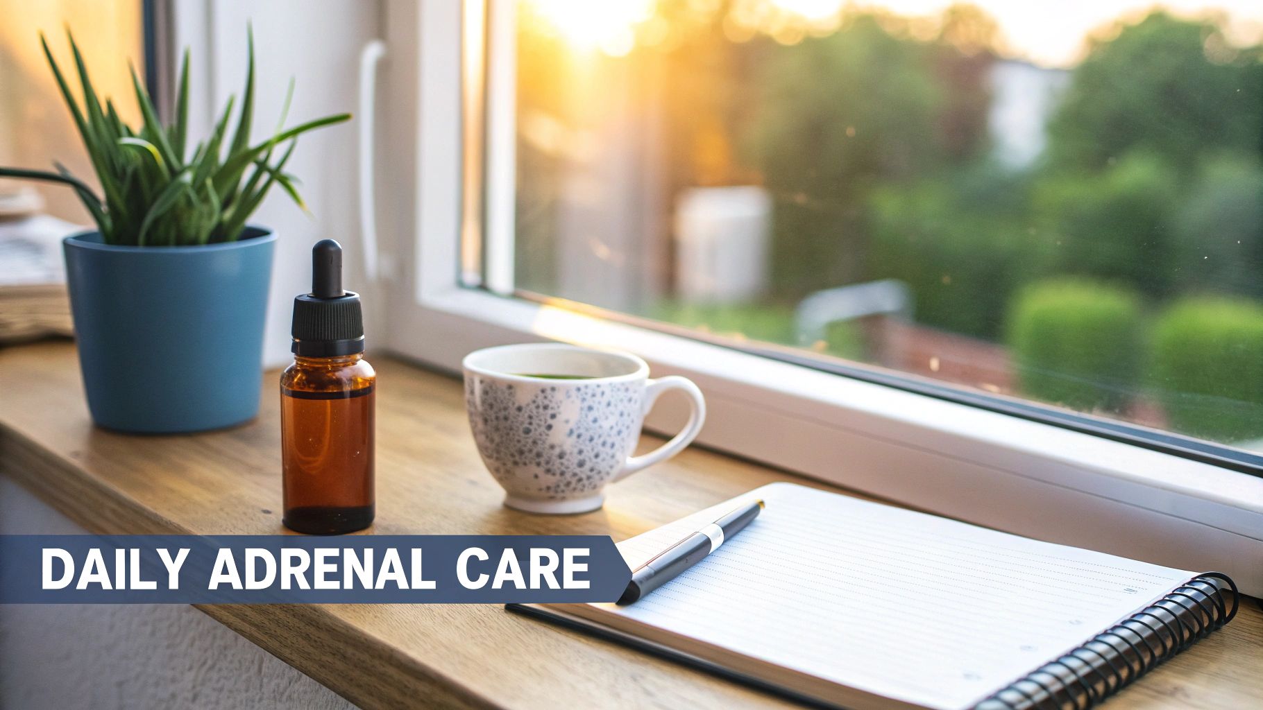 Daily adrenal care wellness setup with essential oil bottle, tea cup, notebook and plant on windowsill