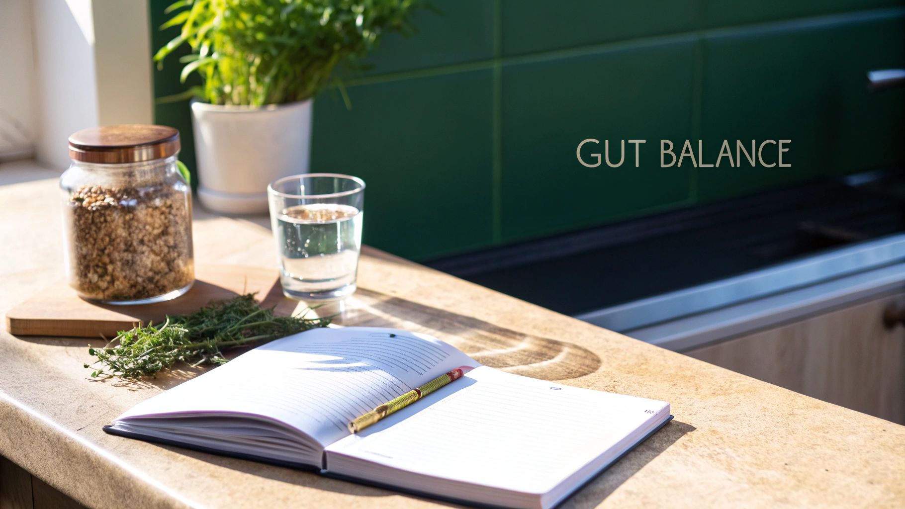 A sunny kitchen counter with seeds, water, herbs, and a journal, emphasizing gut balance.