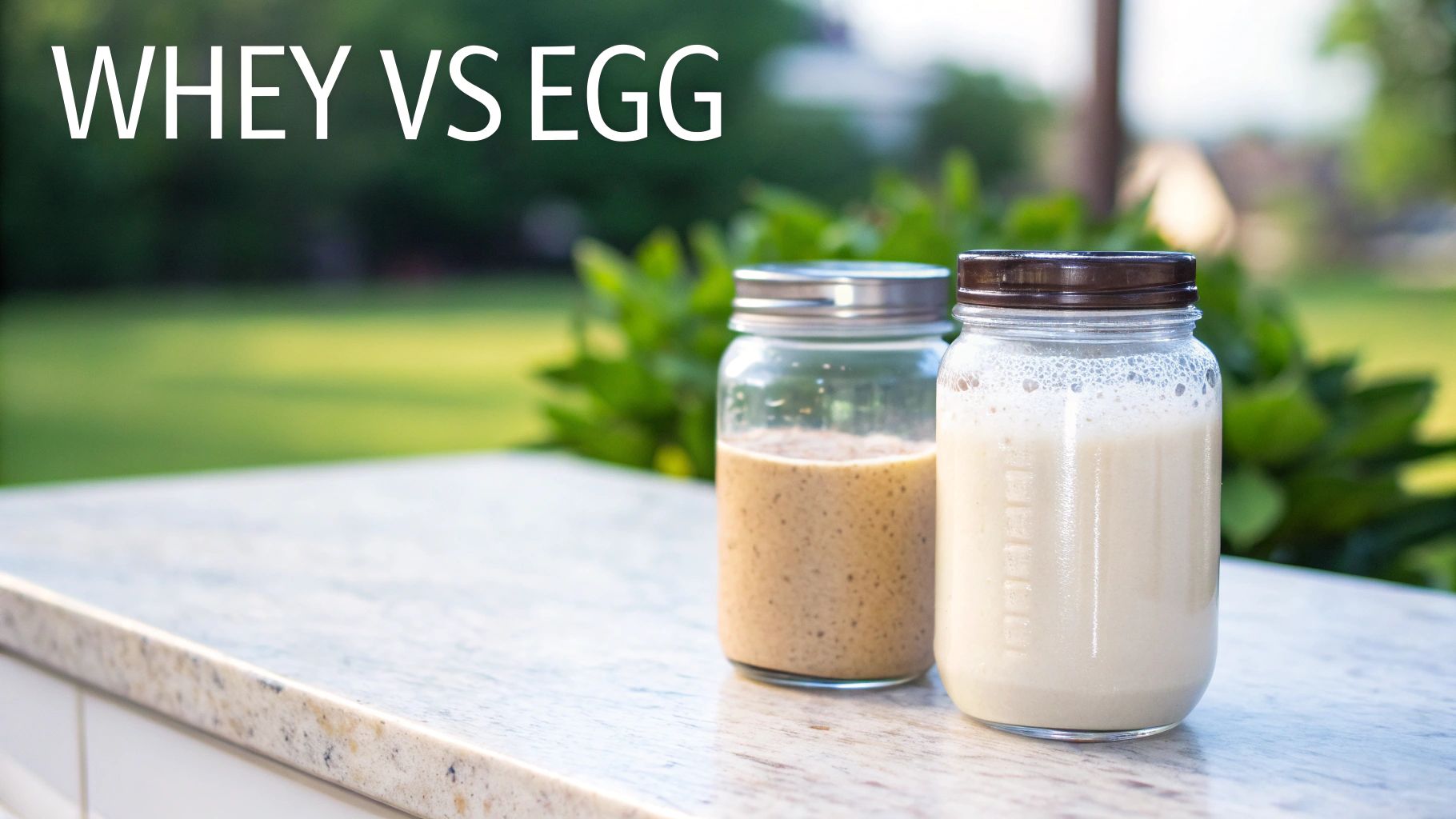 Two protein shakes in glass jars on a countertop, with text 'Whey vs Egg' overhead.