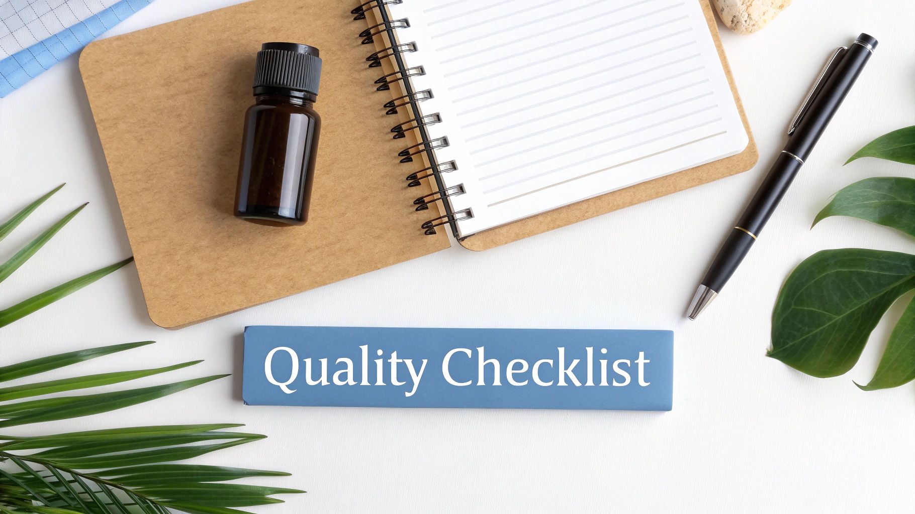 A clean flat lay featuring a notebook, essential oil bottle, pen, and a blue 'Quality Checklist' sign.