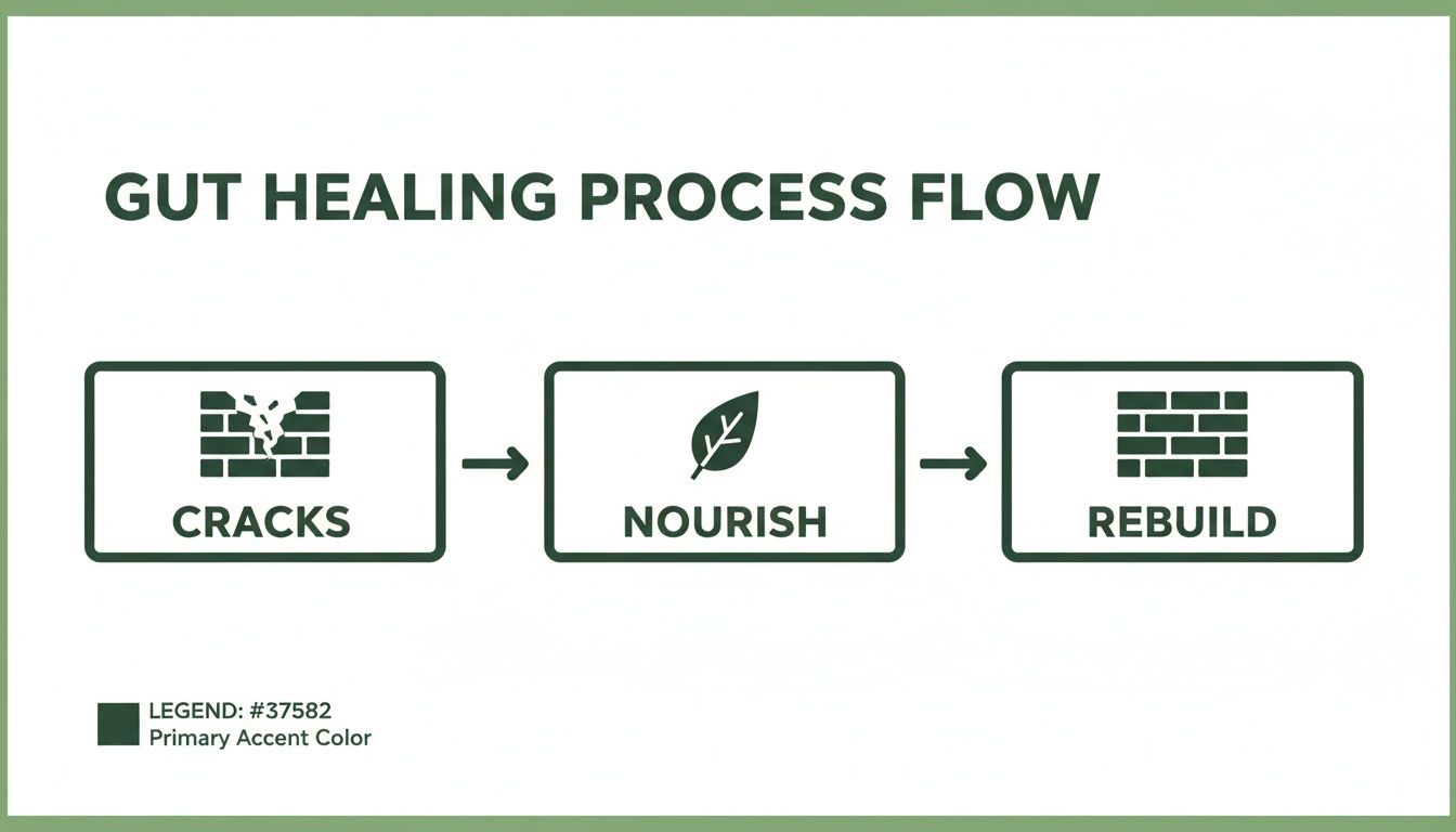 Flowchart illustrating the gut healing process: starting with cracks, moving to nourish, and finally rebuild.