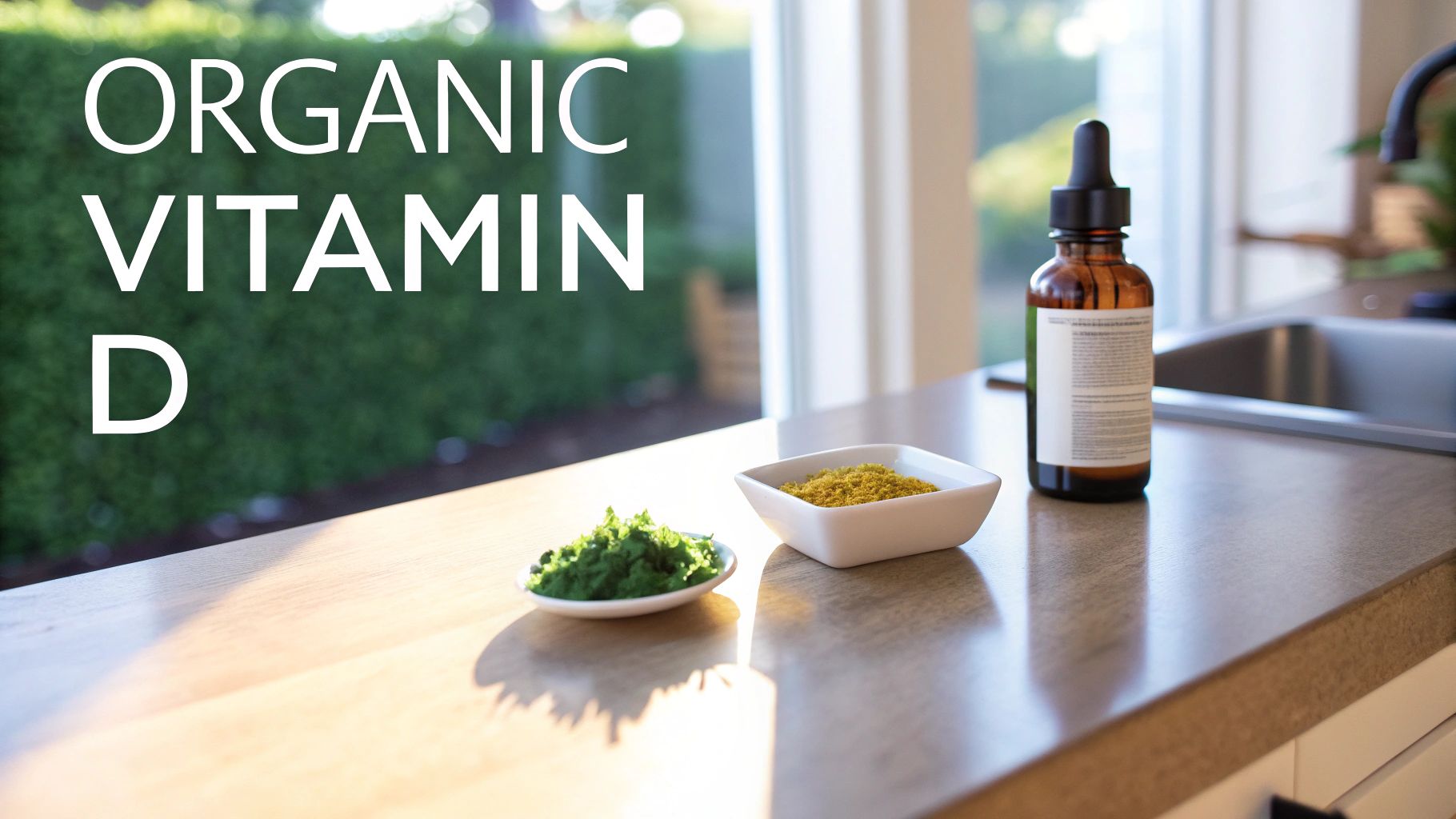 Woman holding a bottle of organic vitamin d supplement and smiling.