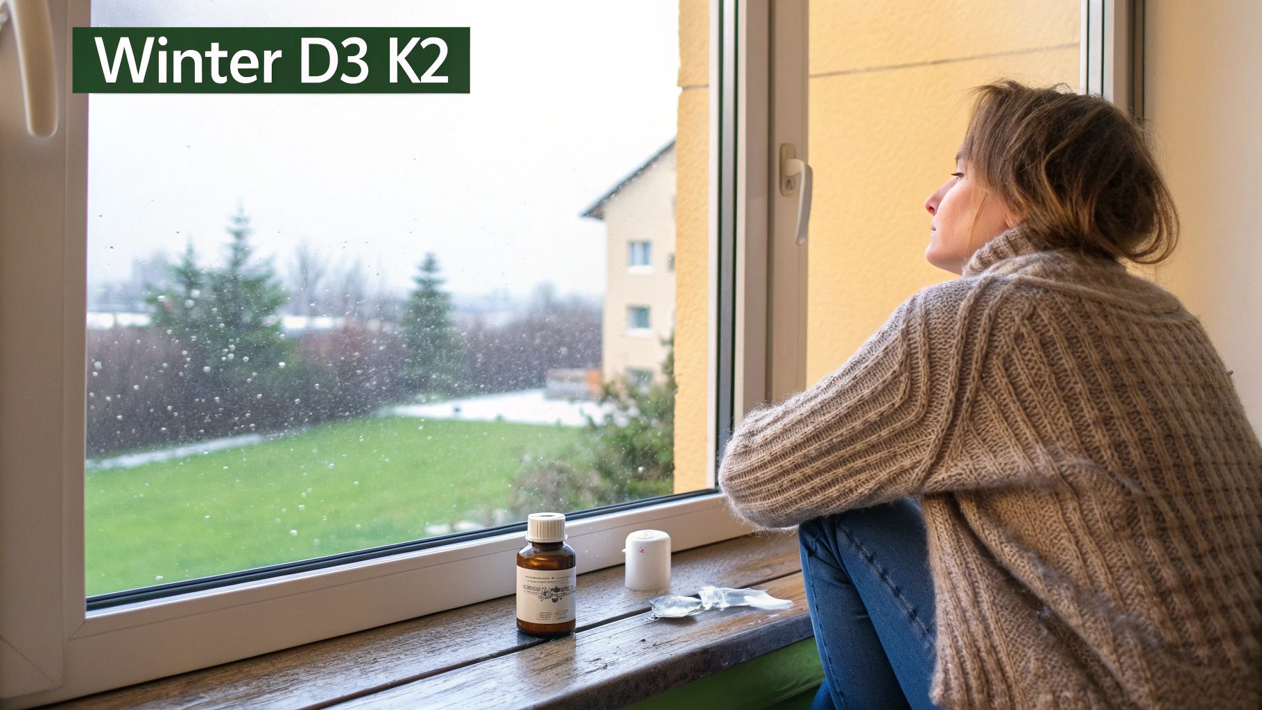 Woman taking vitamin D3 K2 supplement by window during winter season with snow outside