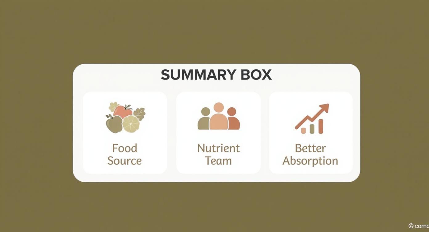 A summary box visually explains food sources, nutrient teams, and better absorption using icons.