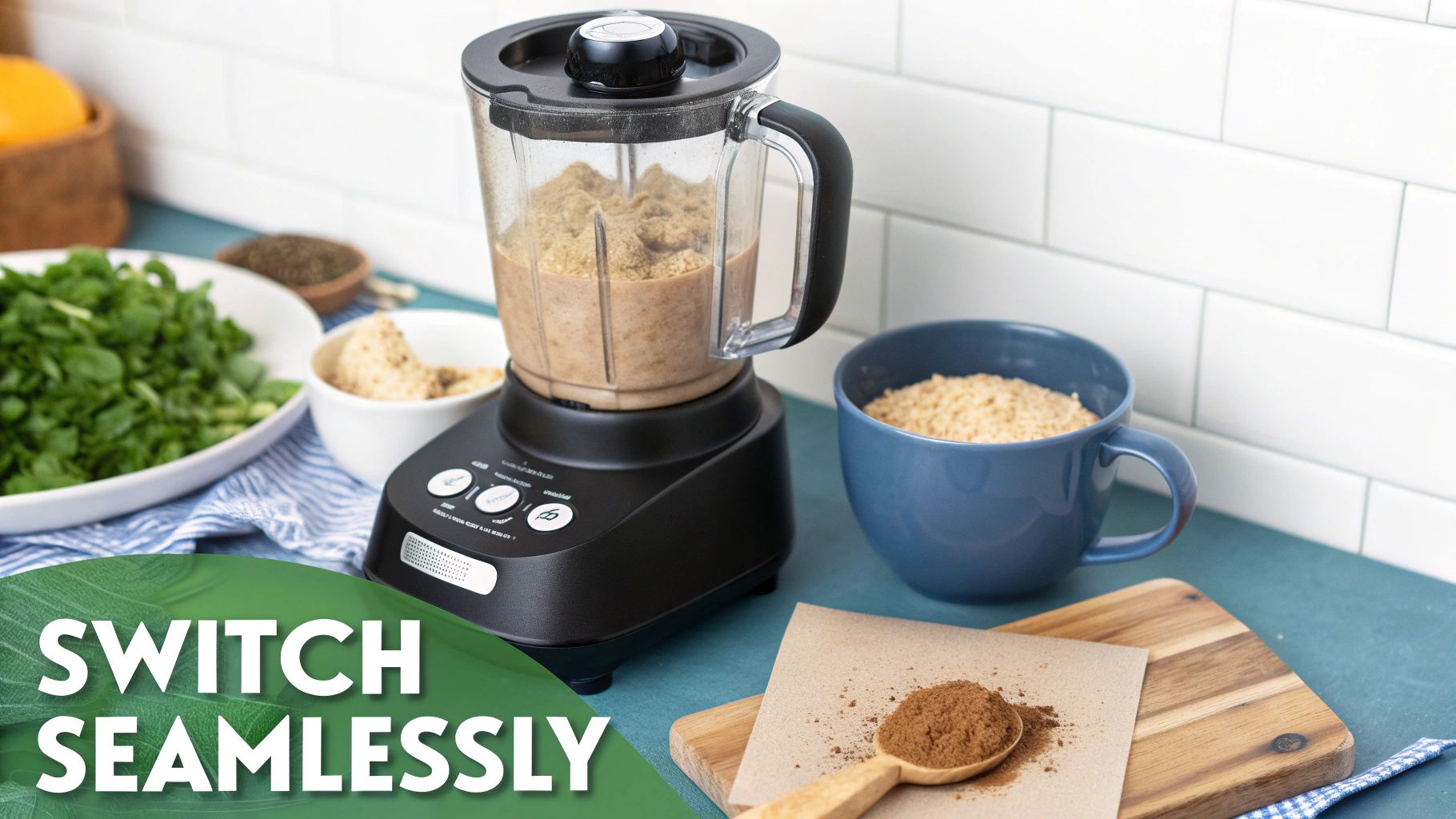 A kitchen counter features a black blender filled with a smoothie, surrounded by fresh greens, cereal, and spices.