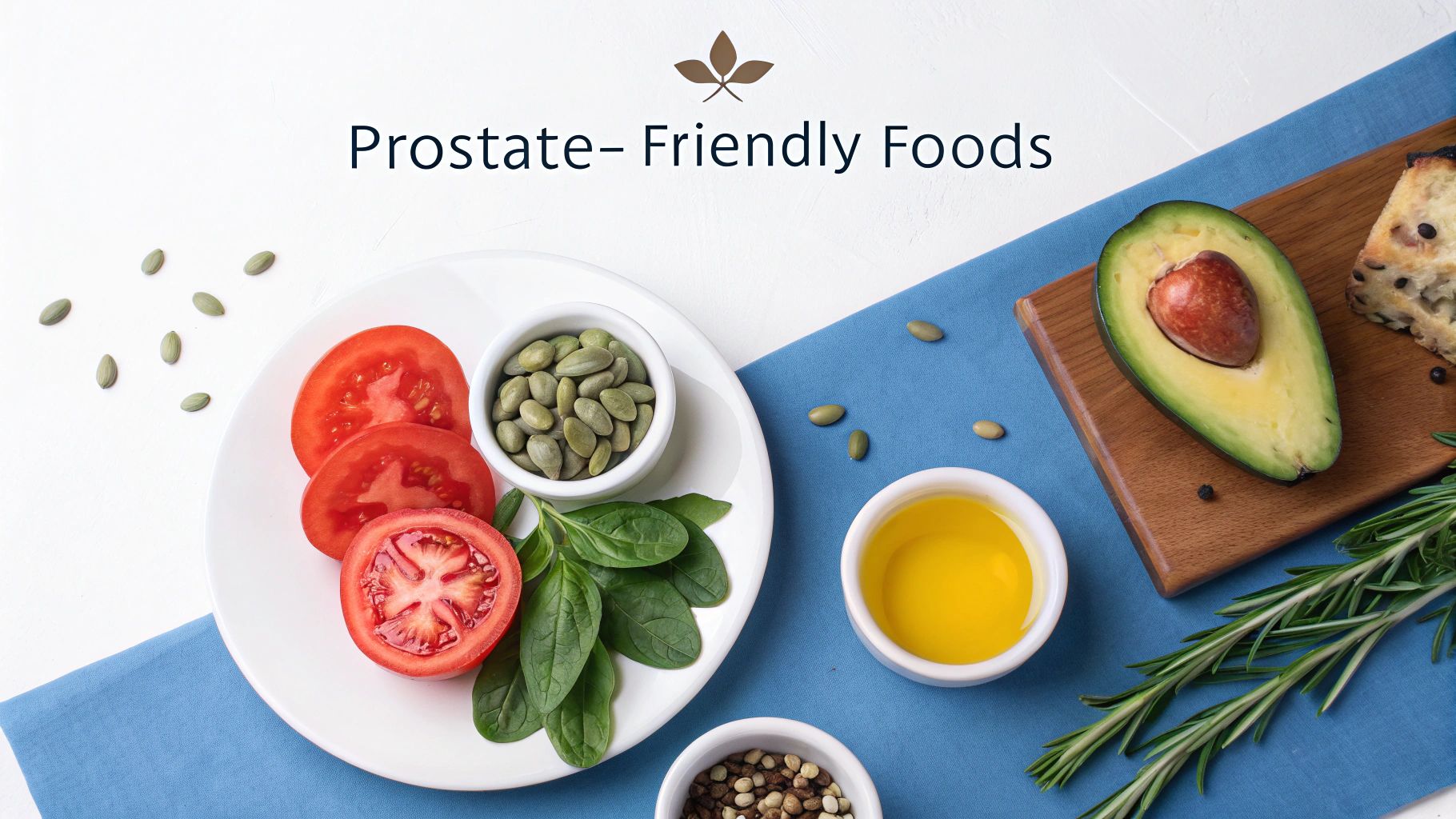 Prostate-friendly foods including tomatoes, pumpkin seeds, avocado, olive oil, and greens on a white and blue background.