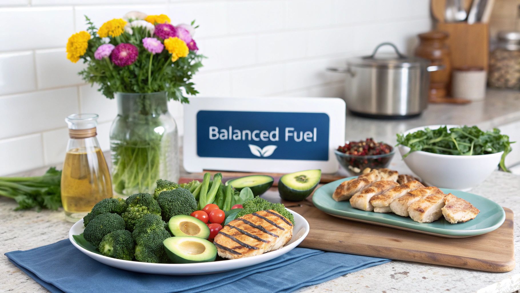 A colorful plate of healthy food including salmon, avocado, and fresh vegetables