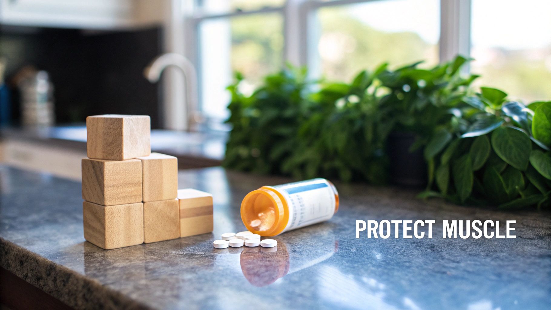 White pills spilled from an orange prescription bottle on a kitchen counter, next to wooden blocks, with green plants and text 'PROTECT MUSCLE'.