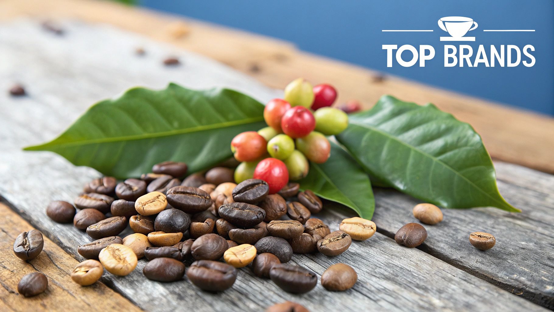 A steaming cup of coffee next to fresh green coffee beans on a plant.