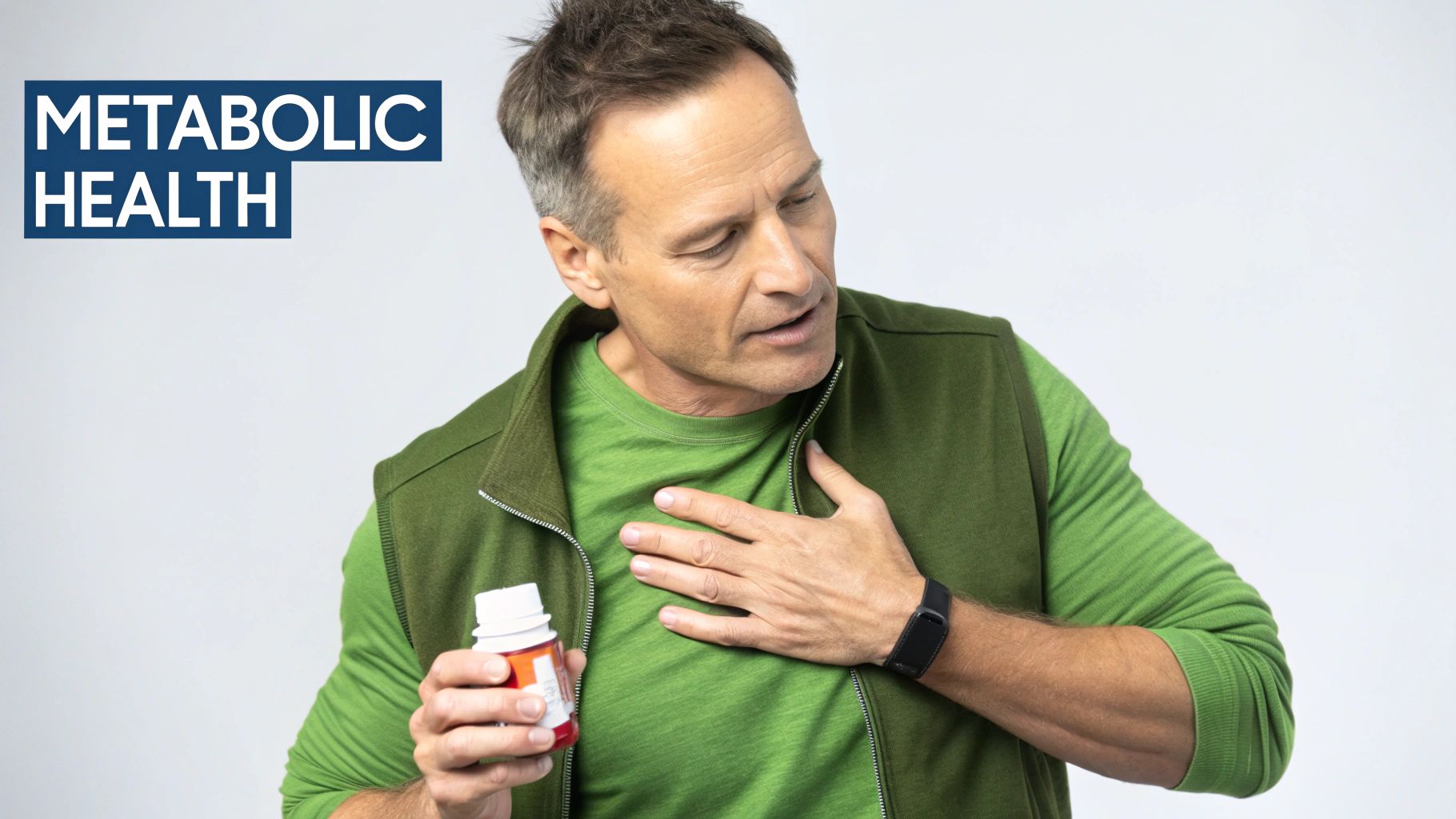 A person checking their blood glucose monitor with a healthy meal in the background, representing metabolic health management.