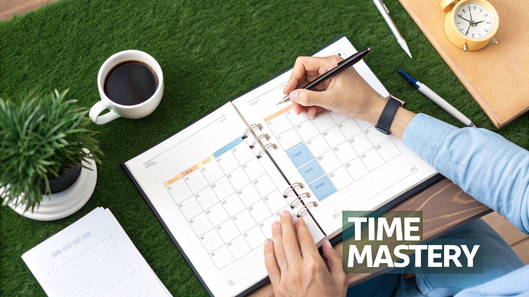 A person sitting at a desk with a planner and a clock, illustrating time management.
