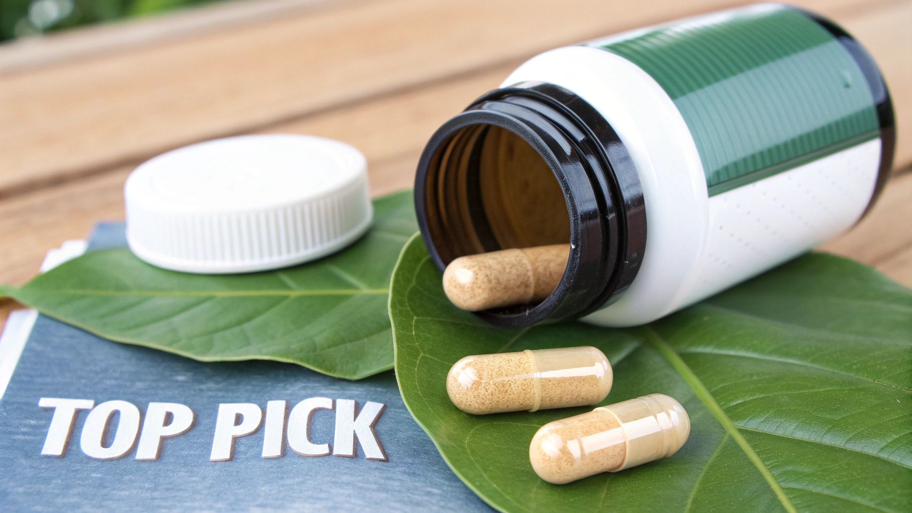 Natural supplement capsules spilled from a white and green bottle onto a green leaf, with a magazine.
