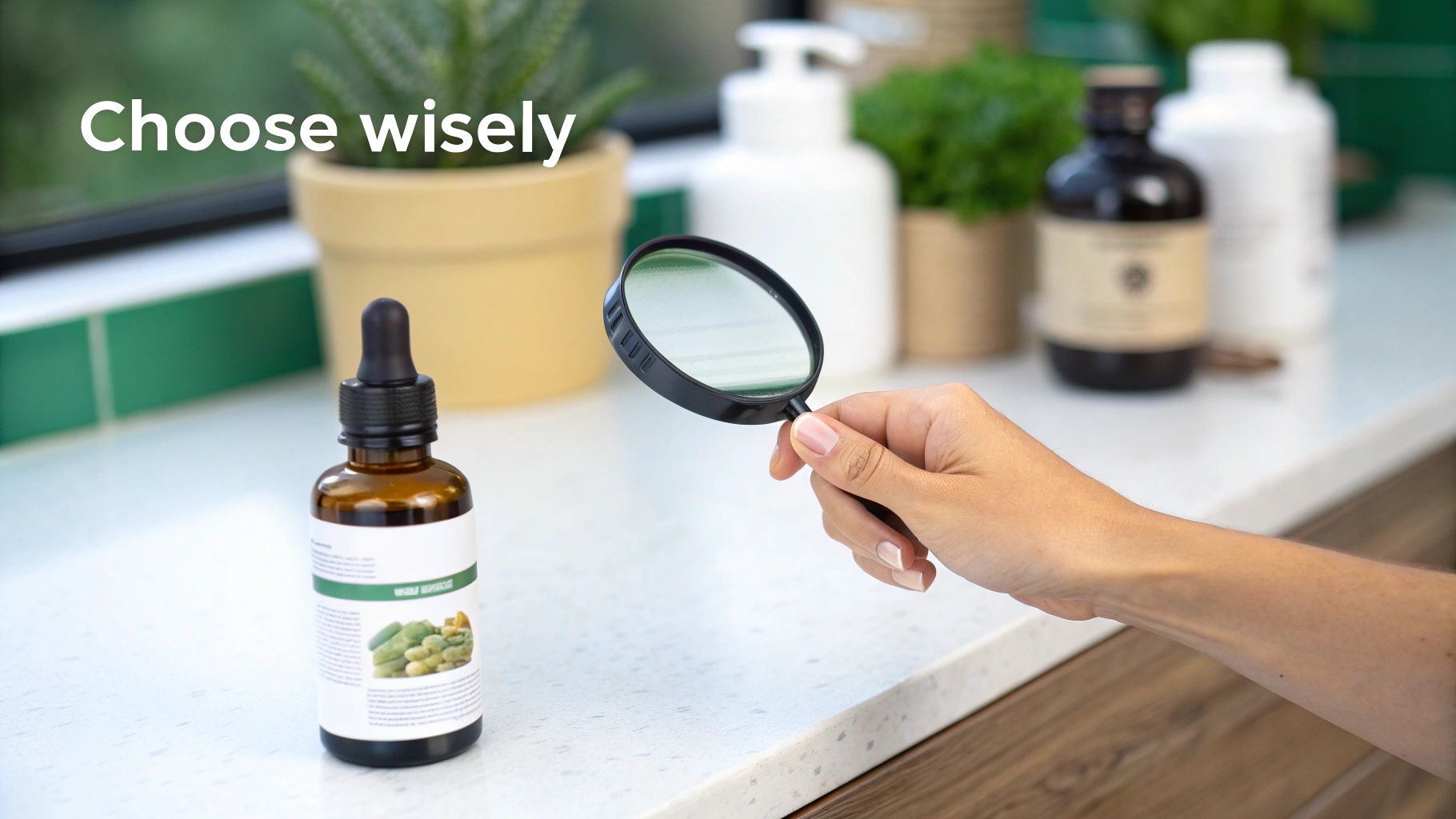 Person examining the label on a supplement bottle