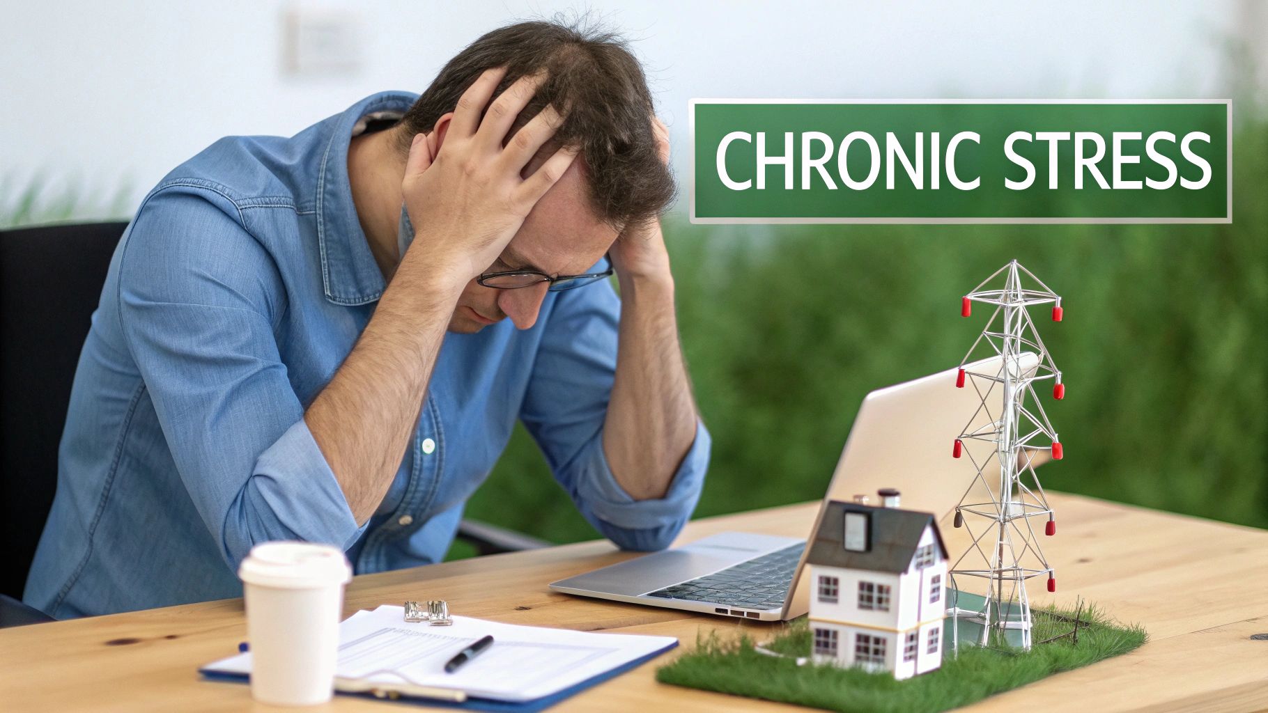 Stressed man at desk with laptop experiencing chronic stress related to work and home responsibilities