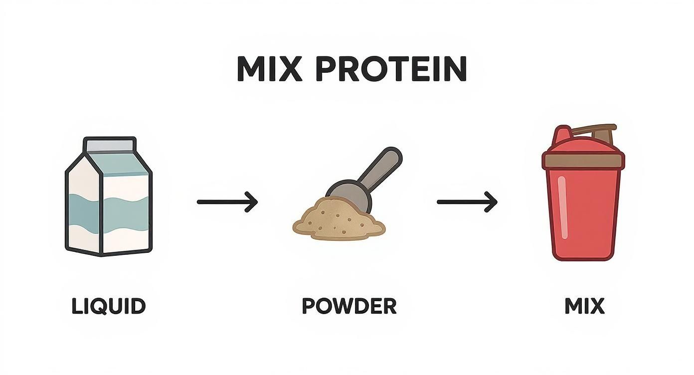 A diagram illustrating the process of mixing protein: liquid and powder combined into a shaker bottle.