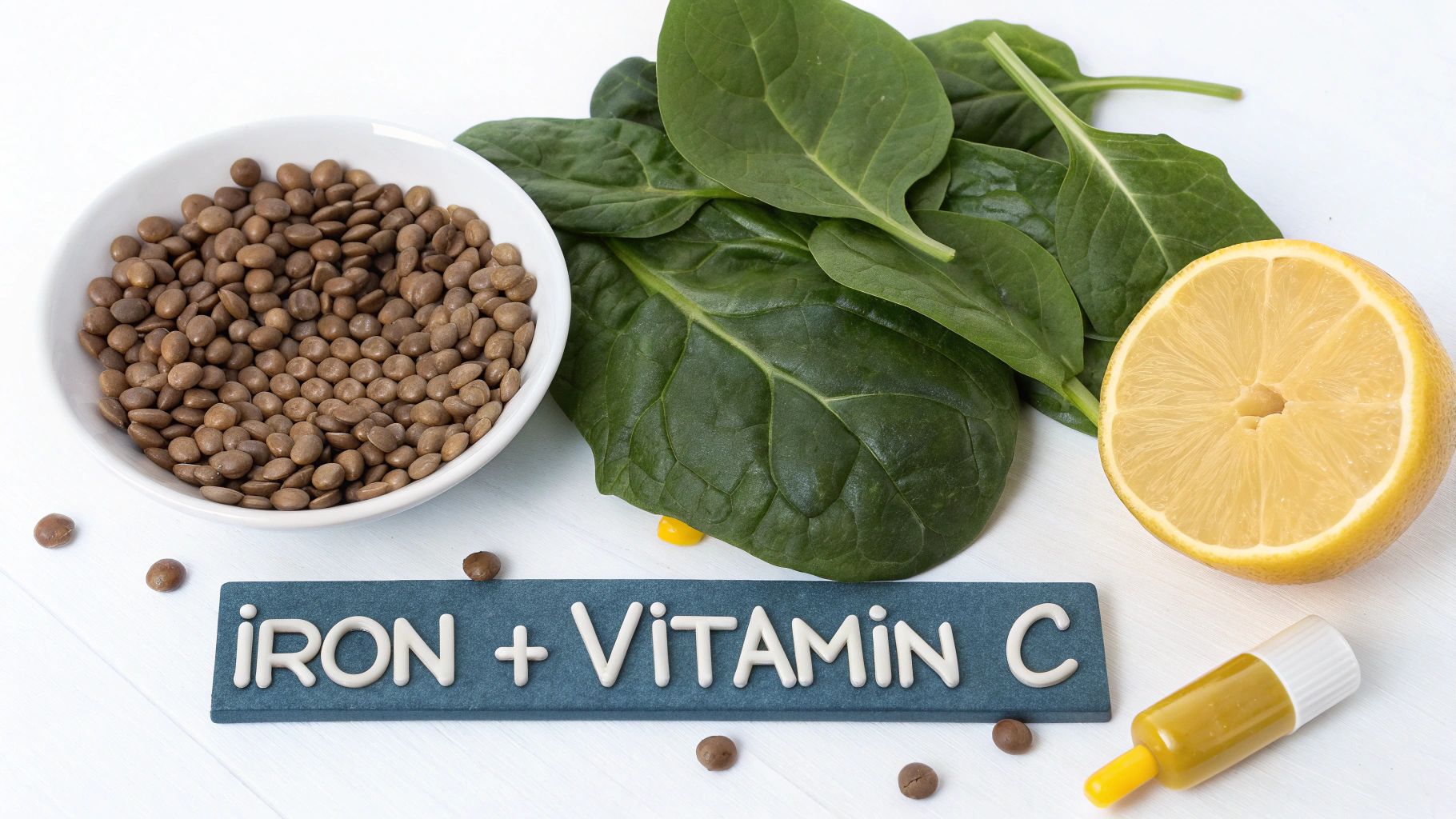Lentils, spinach, and a lemon with a sign emphasizing iron and vitamin C for healthy nutrition.