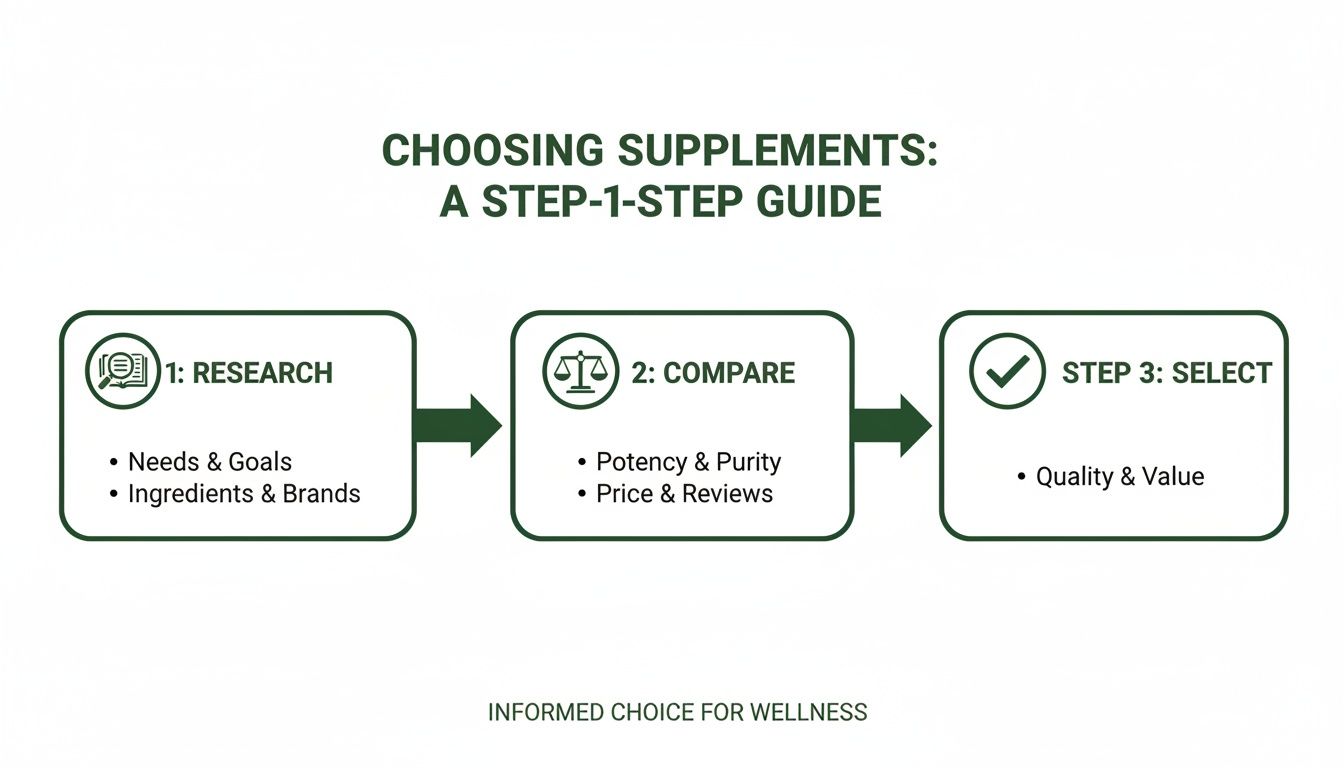 Infographic detailing a three-step guide for choosing supplements: research, compare, and select for wellness.