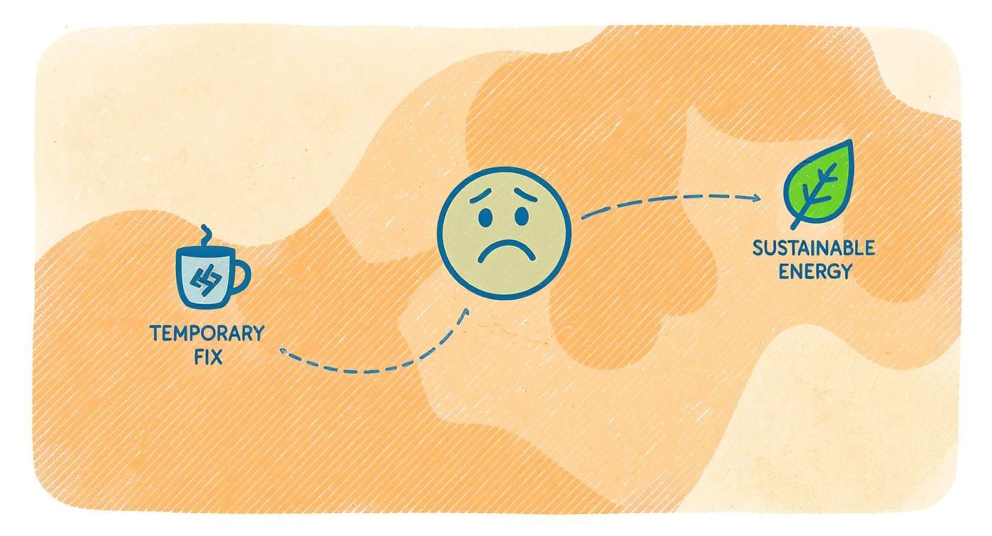 Illustration contrasting a temporary energy fix with sustainable energy as the long-term solution.