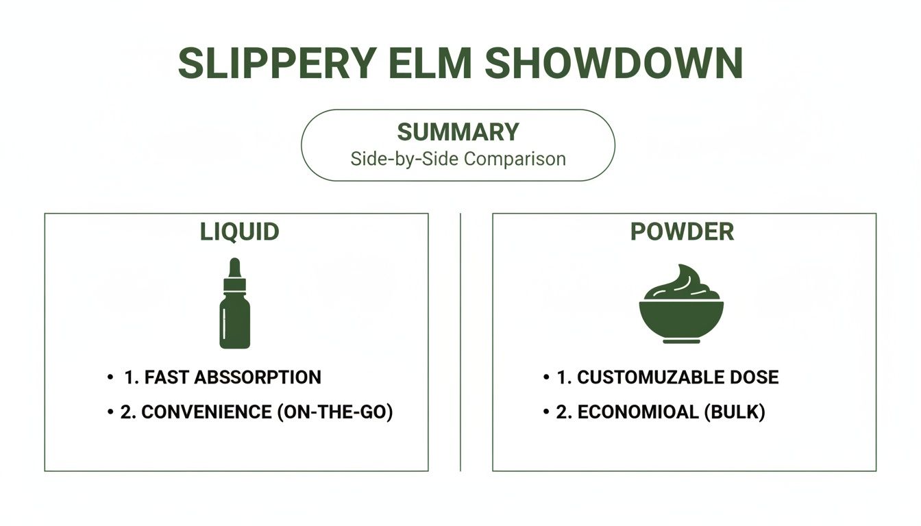 Side-by-side comparison of liquid versus powder slippery elm, highlighting key benefits.