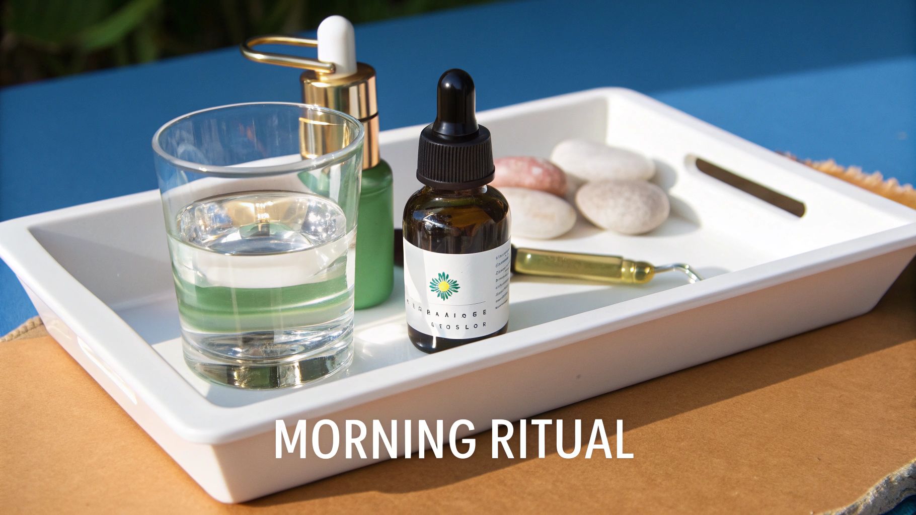 Wellness morning ritual with a glass of water, herbal dropper bottles, and smooth stones on a white tray.
