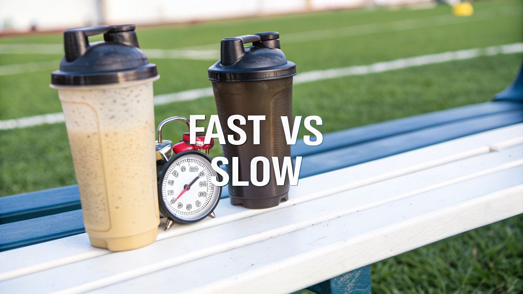 Two protein shakers, a stopwatch, and 'FAST VS SLOW' text on a bench by a sports field.