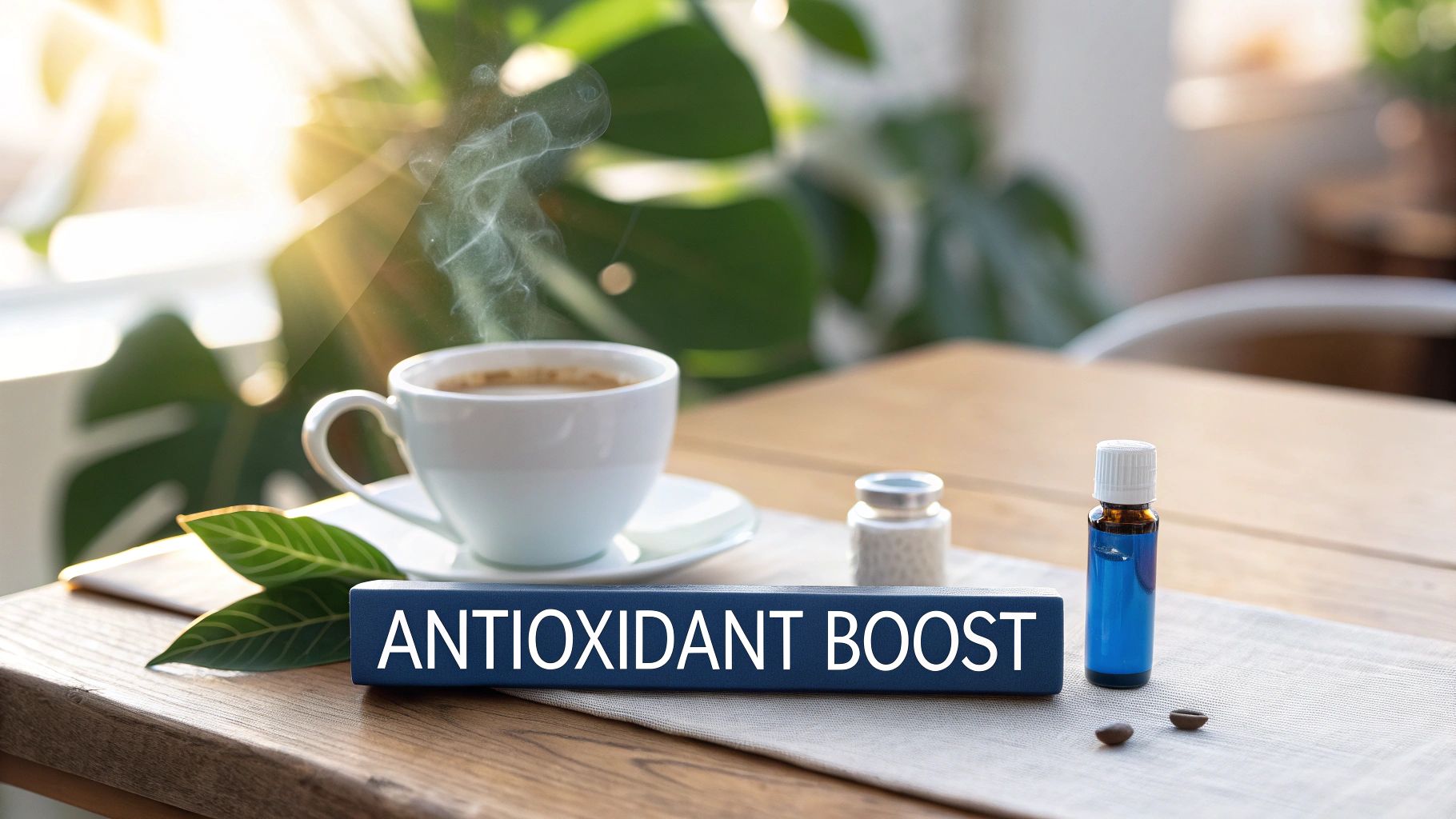 A steaming coffee cup, green leaves, and an "ANTIOXIDANT BOOST" sign on a sunny wooden table.