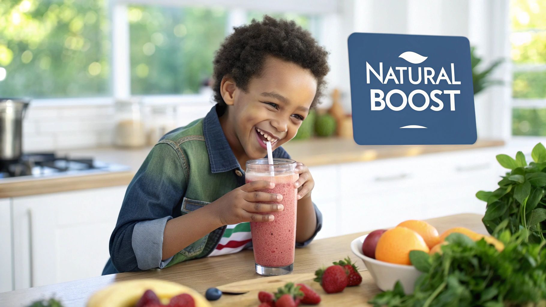 A child happily eating a vitamin gummy with a parent in a bright kitchen.