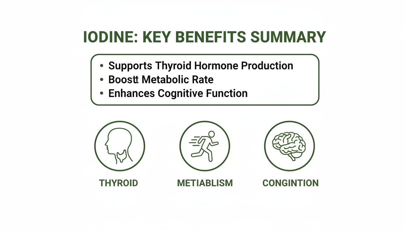 An infographic summarizing key benefits of iodine, including thyroid hormone production, metabolism, and cognitive function.