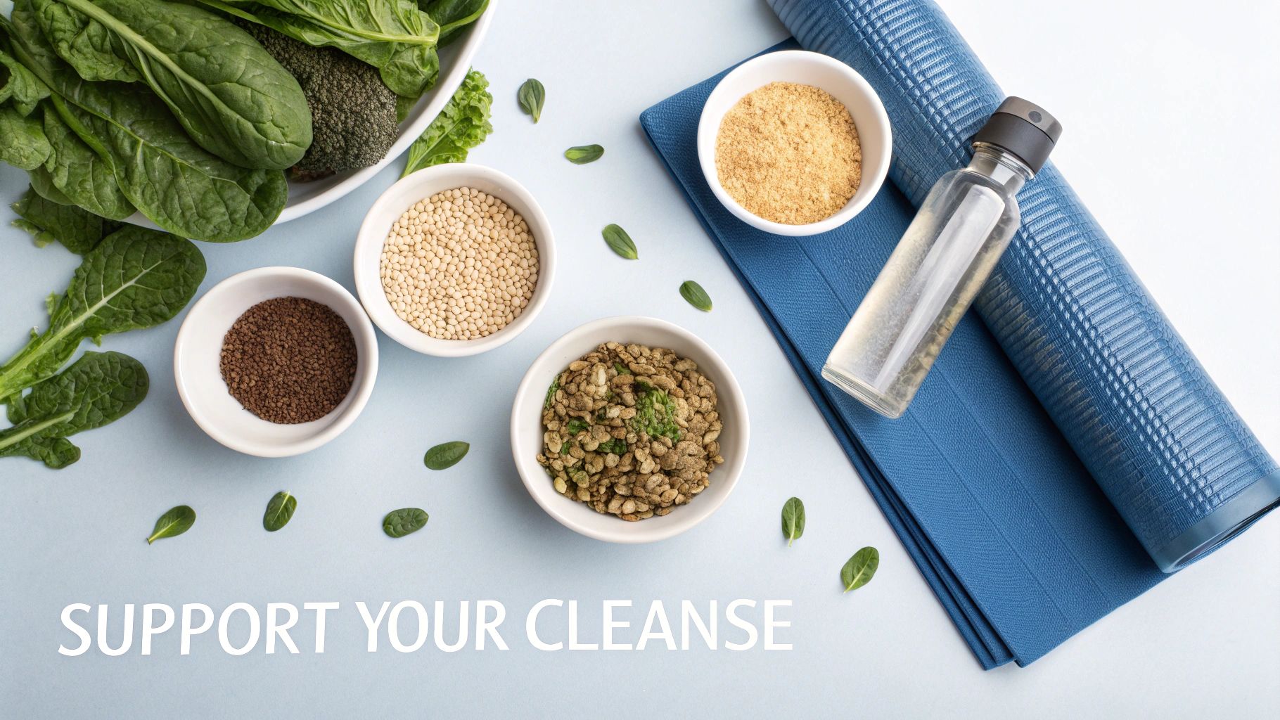 Healthy ingredients like spinach, quinoa, supplements, a water bottle, and a yoga mat for a cleanse.