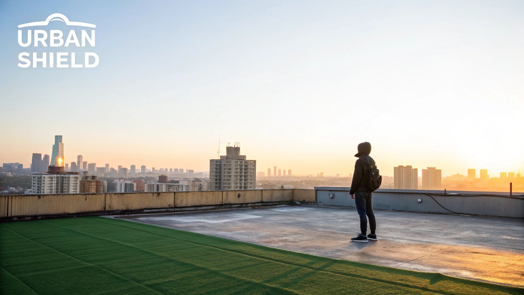 A person stands on a rooftop, gazing at a sprawling city skyline bathed in golden hour light.
