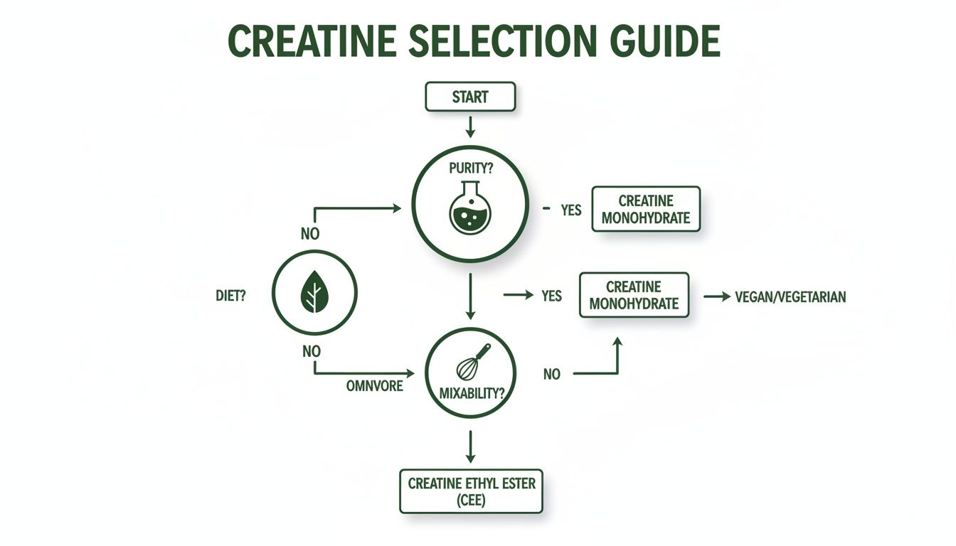 A flowchart titled 'Creatine Selection Guide' illustrating choices based on purity, diet, and mixability.