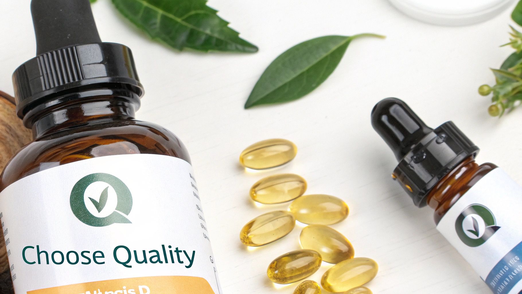 A close-up of a person's hand holding a dropper bottle of organic vitamin d supplement.